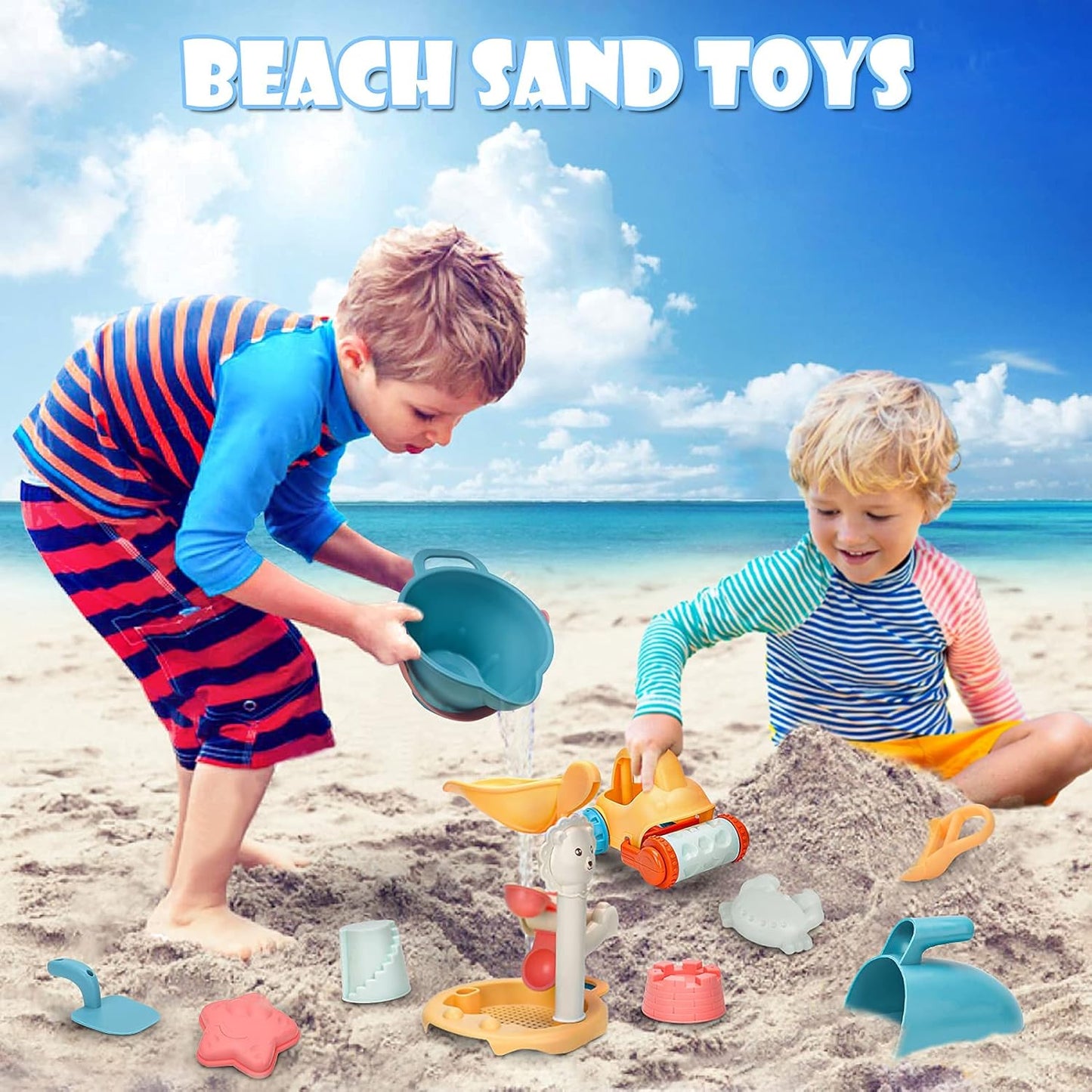 Sanlebi Sand Toy Set, Children's Sandpit Toy with Bucket, Sand Shapes, Mesh Bag, Beach Outdoor Games for Boys and Girls