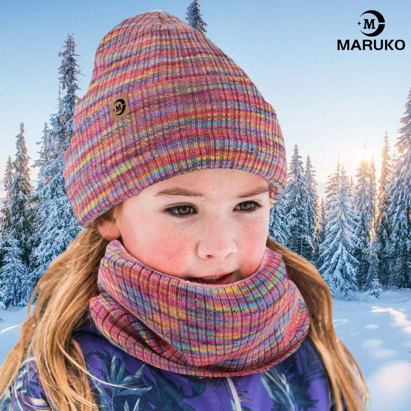 MARUKO Children's Winter Hat Scarf Gloves Set 3 in 1, Toddler Knitted Beanie Neck Warmer, Thick Fleece Thermal Knit Hat Scarf Gloves Set for Children Aged 2-8