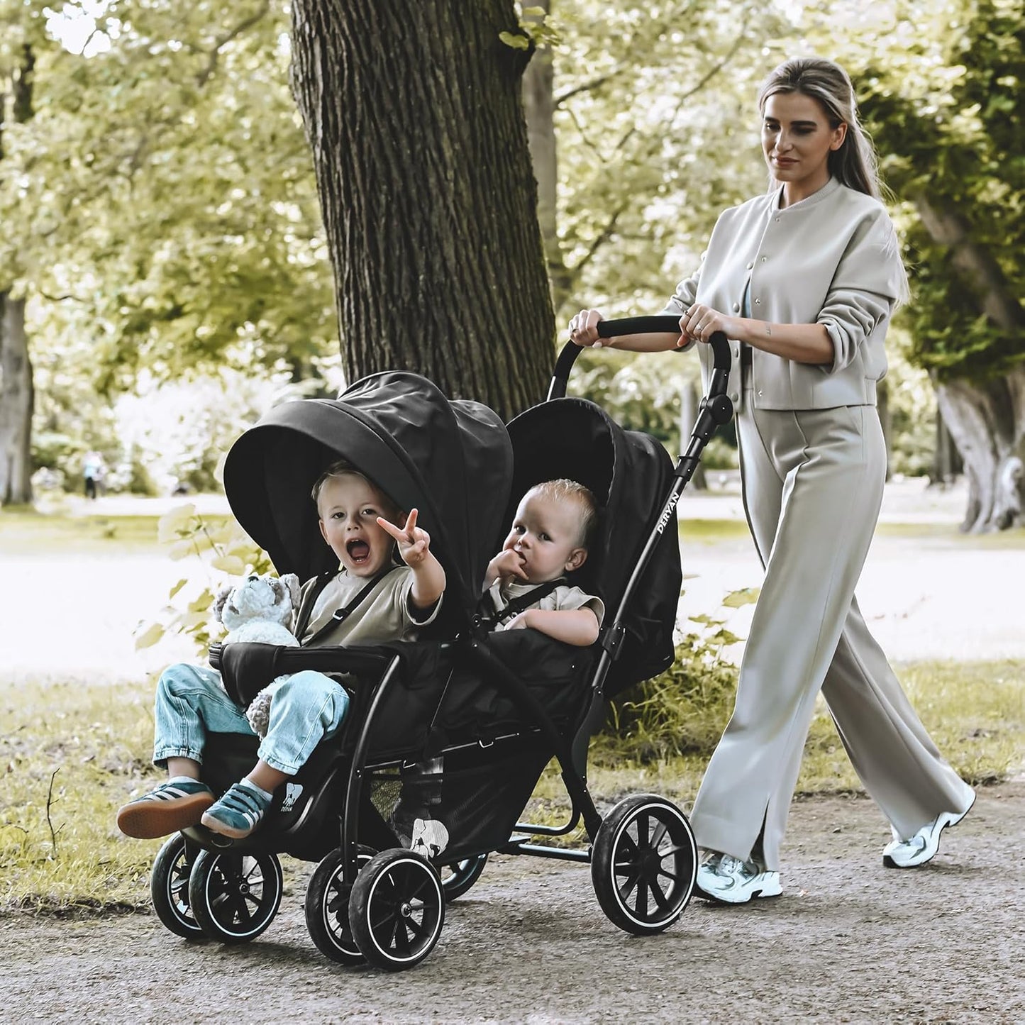 Deryan Elena Duo Tandem for Children - Double Duet with 5-Point Harness System and Adjustable to 4 Years (Black)