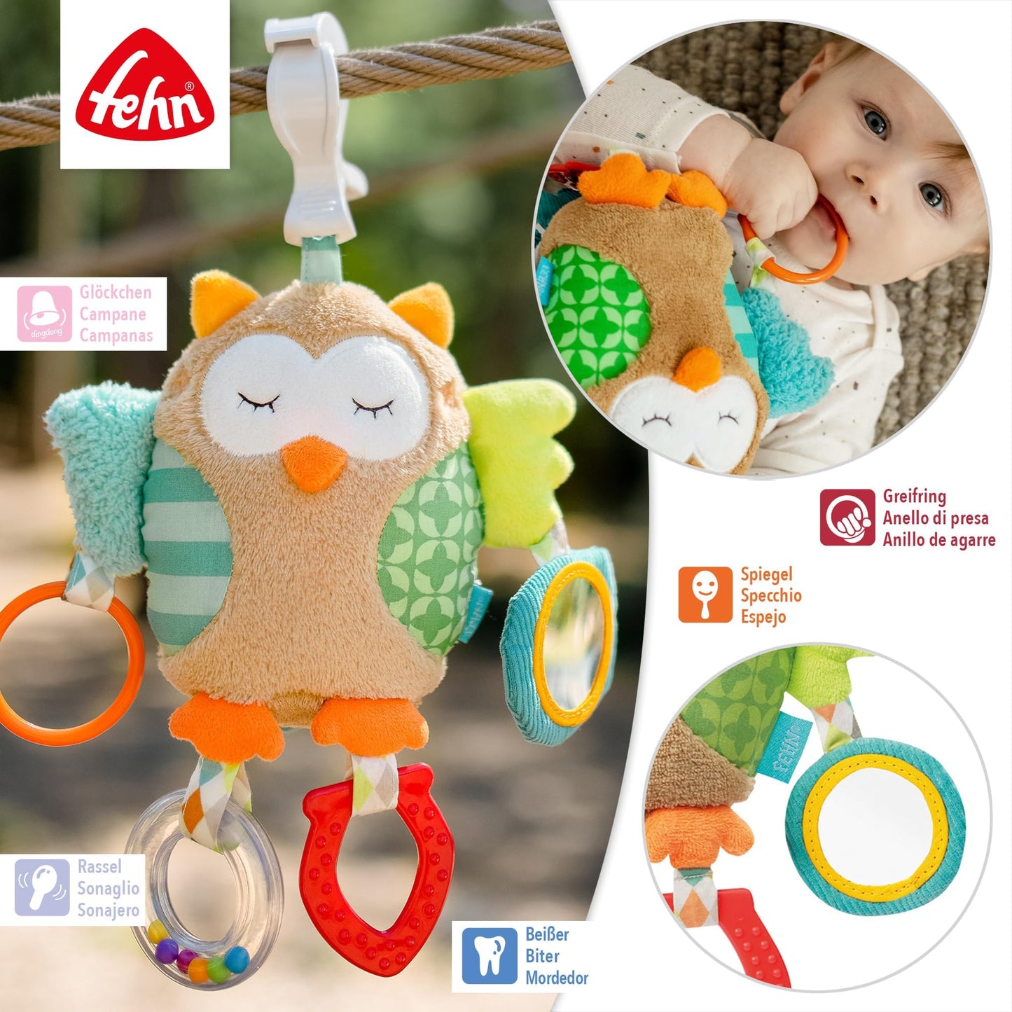 Fehn Activity-Spieltier Teddy – Baby Motorikspielzeug für Kinderwagen, Kinderbett und Babyschale zum Beißen, Greifen und Geräusche erzeugen – Beißring Spielzeug für Babys und Kinder ab 0+ Monaten