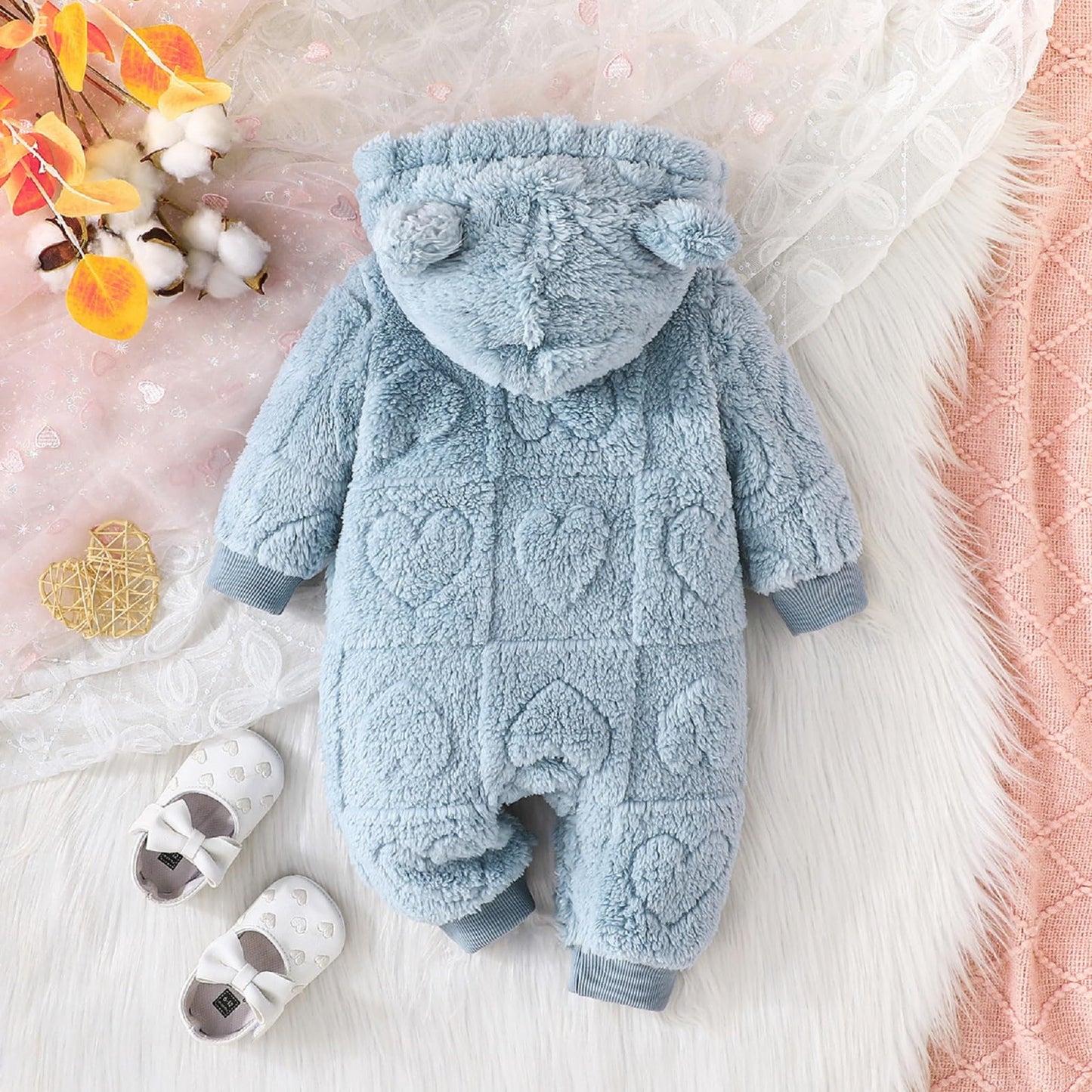 Winmany Newborn Baby Winter Snowsuit Bear Fleece with Hood Jumpsuit Heart Romper Winter Coat Outwear for Boys Girls