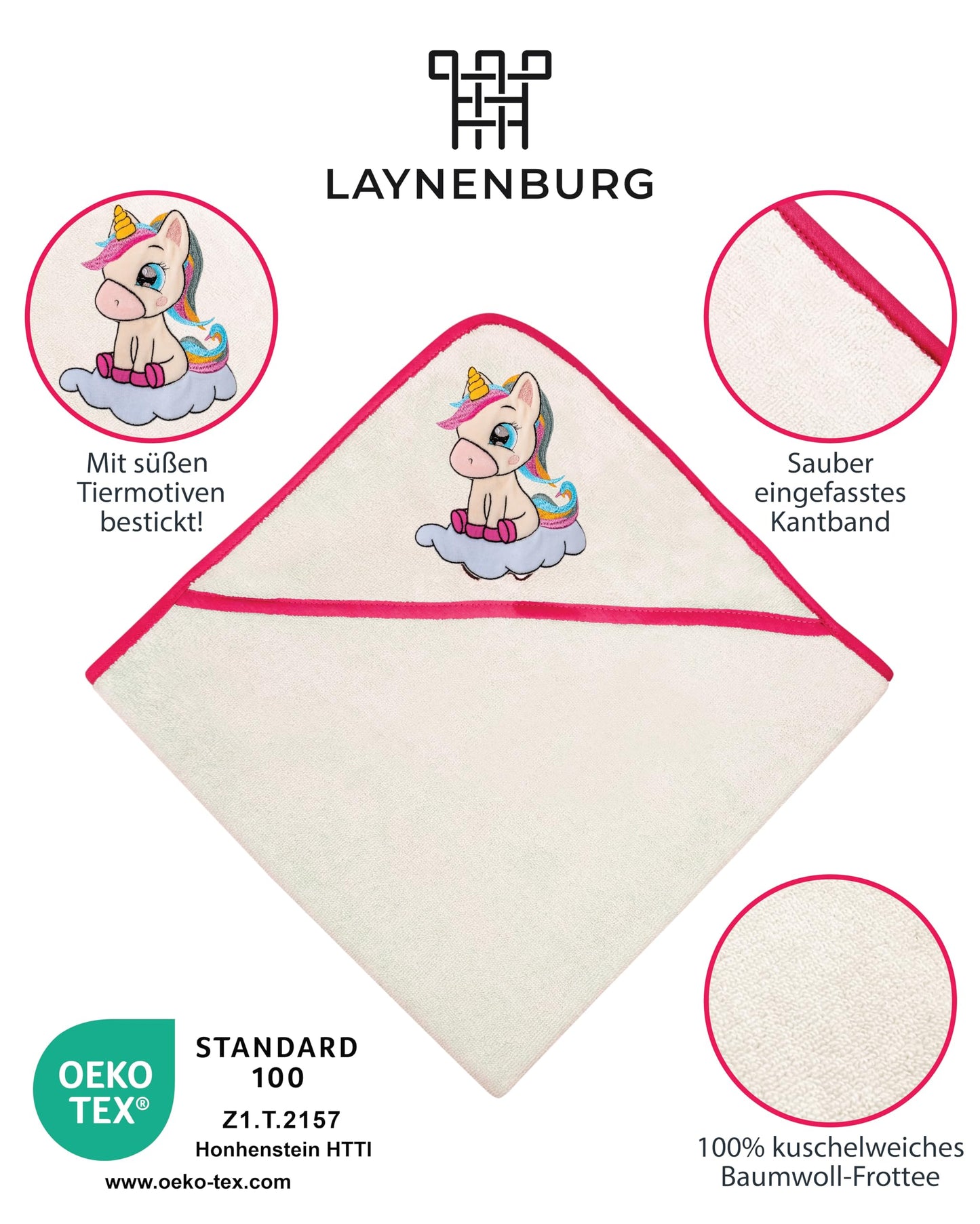 LAYNENBURG Premium Kapuzenhandtuch Baby - Badehandtuch aus 100% Baumwolle - Oeko TEX - Handtuch mit Kapuze für Neugeborene & Kinder - Badetuch, Babyhandtuch Mädchen, Jungen (Waschbär 80 x 80cm)