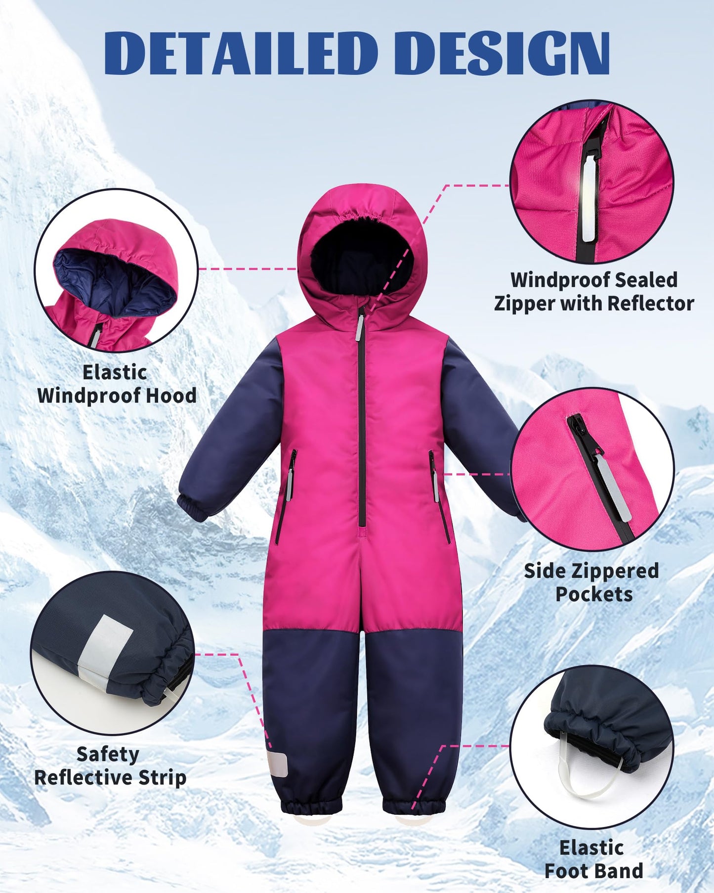 Owntop Children's Unisex Snow Suit Girls Boys Windproof Waterproof Ski Suit with Hood Zip 98-122