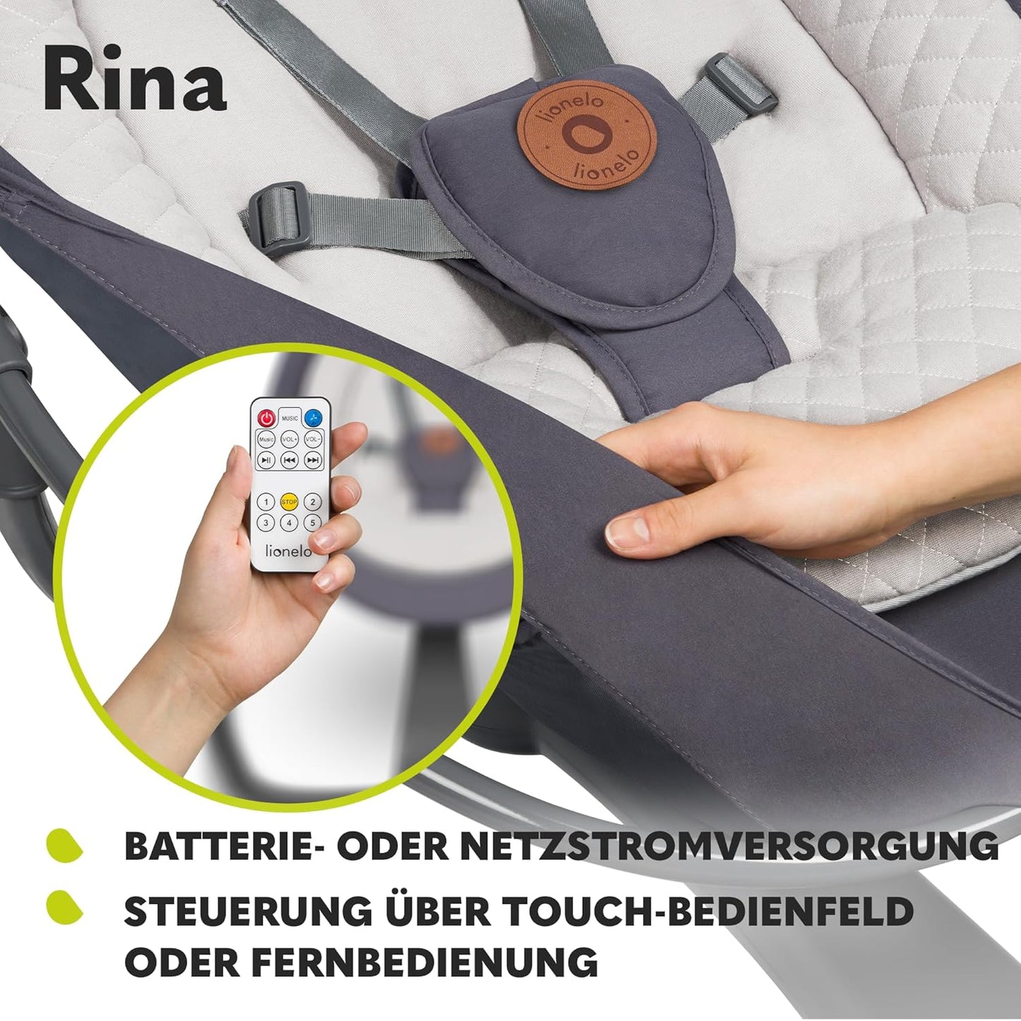LIONELO Rina Baby Rocker and Deck Chair 2-in-1, Remote Control, 360° Rotating Seat, Two Swing Directions, 5 Swing Speeds, Locking, Backrest Adjustment, Timer, 12 Melodies