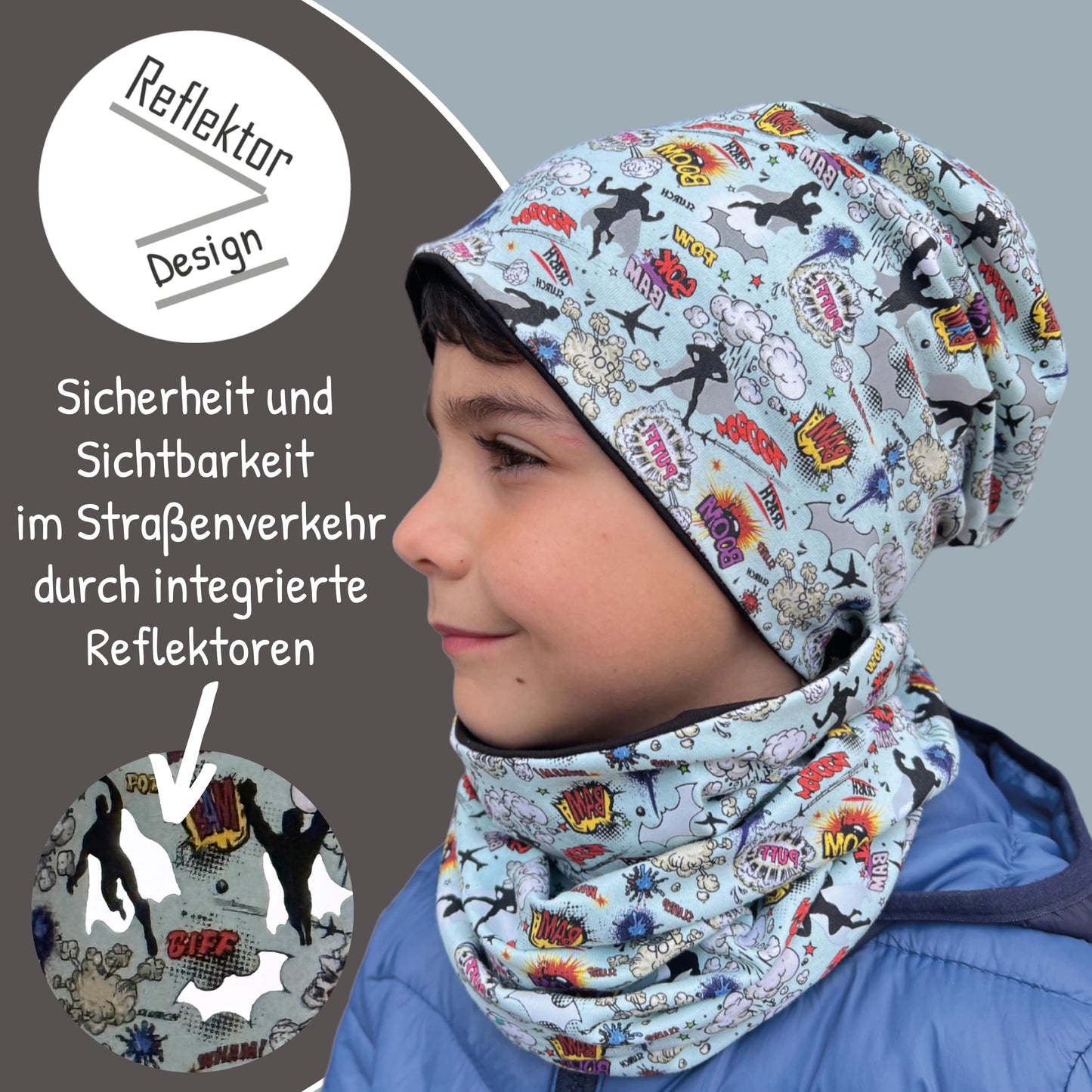 Heckbo 360° Reflector Children's Hat & Loop Scarf Set, Many Designs, 2–8 Years, 95% Cotton, Soft & Easy-Care Stretch Material, for Boys, Girls, Beanie for Spring, Summer, Autumn, Winter