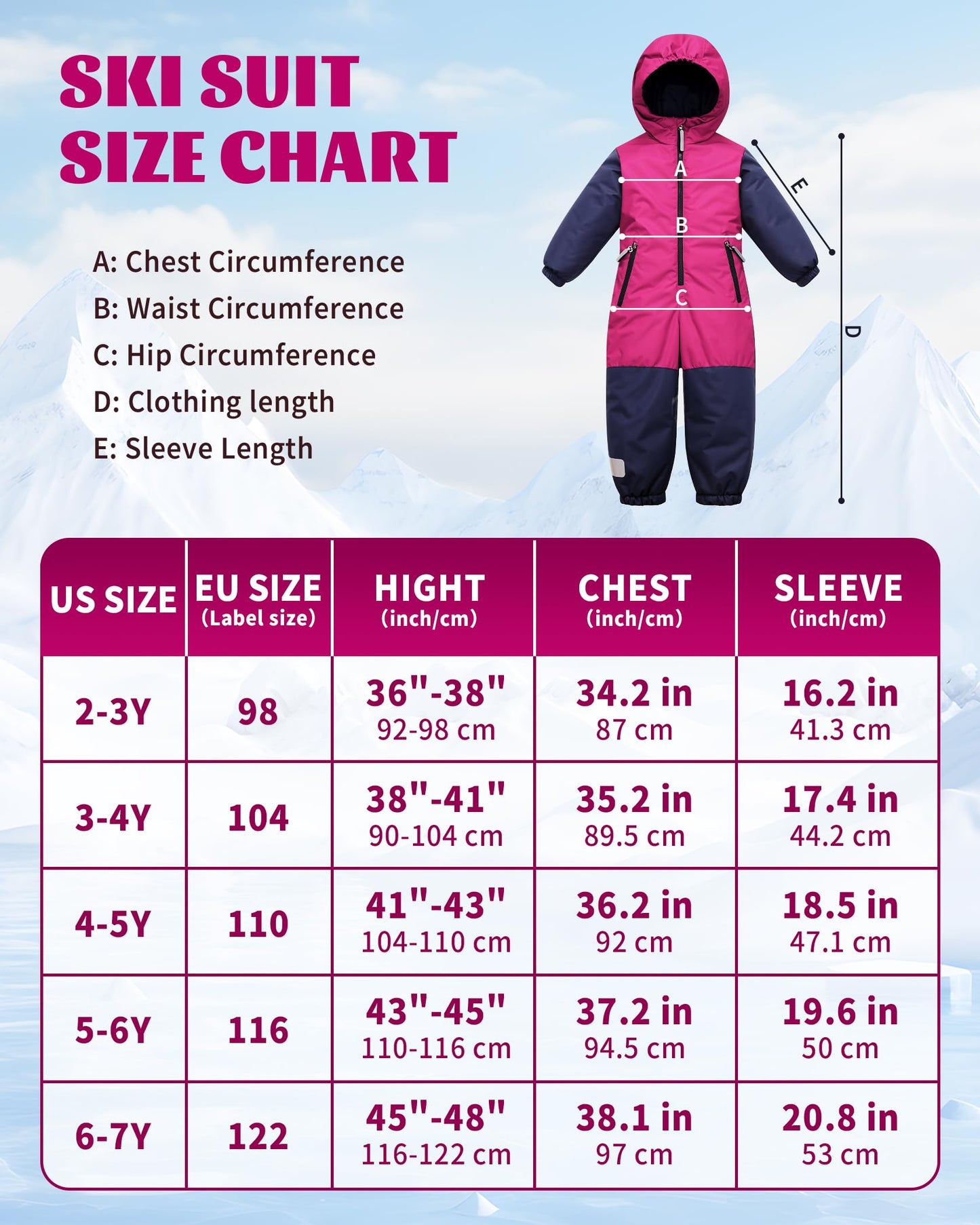 Owntop Children's Unisex Snow Suit Girls Boys Windproof Waterproof Ski Suit with Hood Zip 98-122