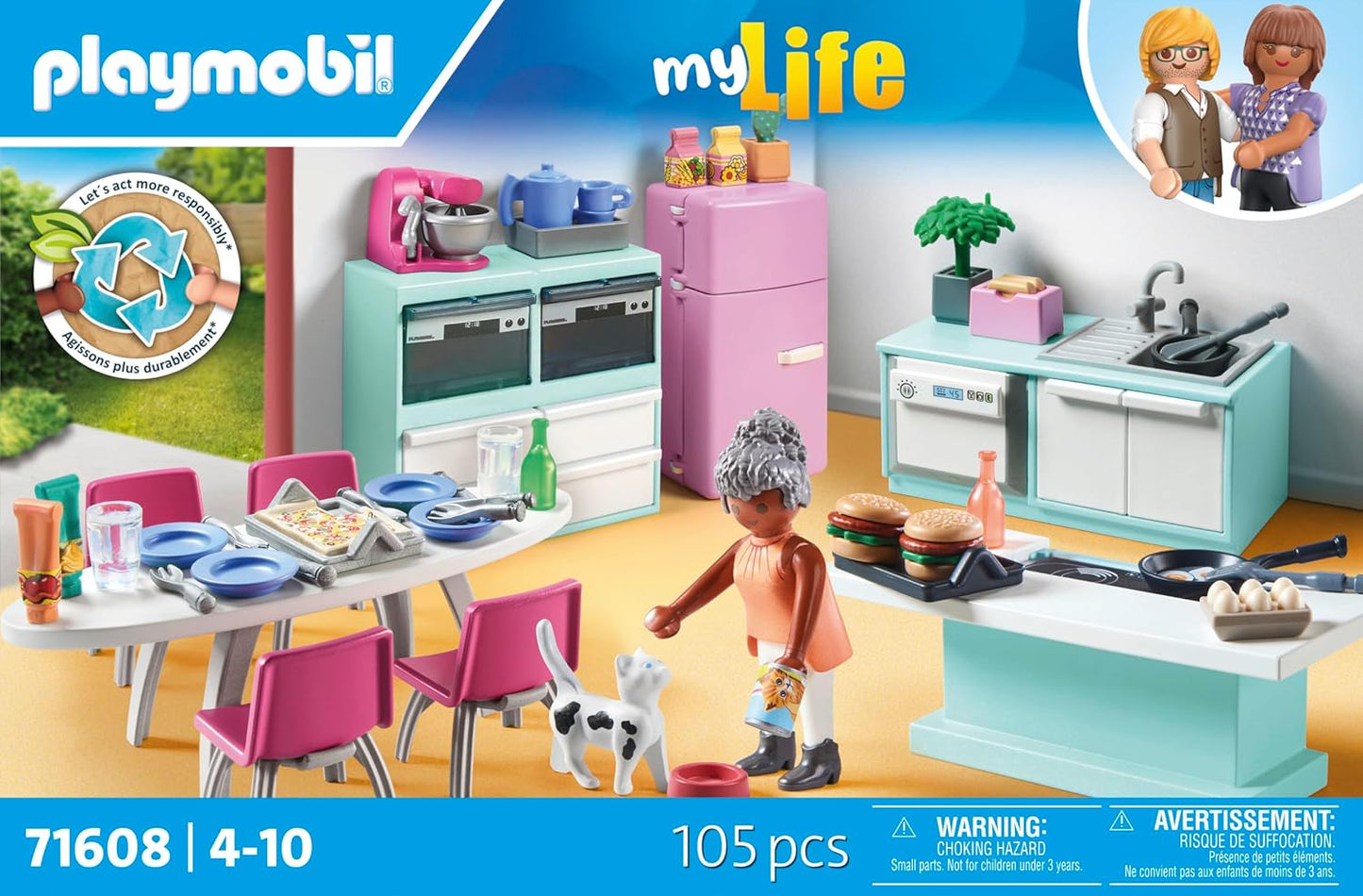 PLAYMOBIL MyLife 71608 Küche mit Essplatz, vollausgestattete Küche für detailgetreues Nachspielen, zu über 80 % aus recycelten und biobasierten Materialien, kreatives Spielzeug für Kinder ab 4 Jahren