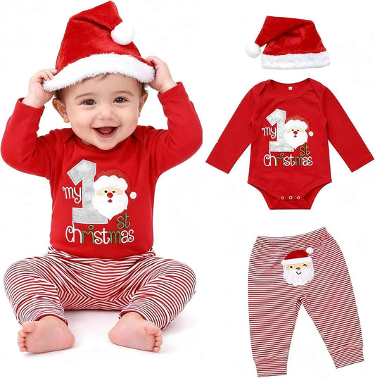 DaceStar Baby Christmas Outfit Boy Girl My First Christmas Outfit Baby Christmas Outfit Christmas Baby Clothing Newborn Set Christmas Clothes Santa Romper + Trousers + Hat 0-18 Months