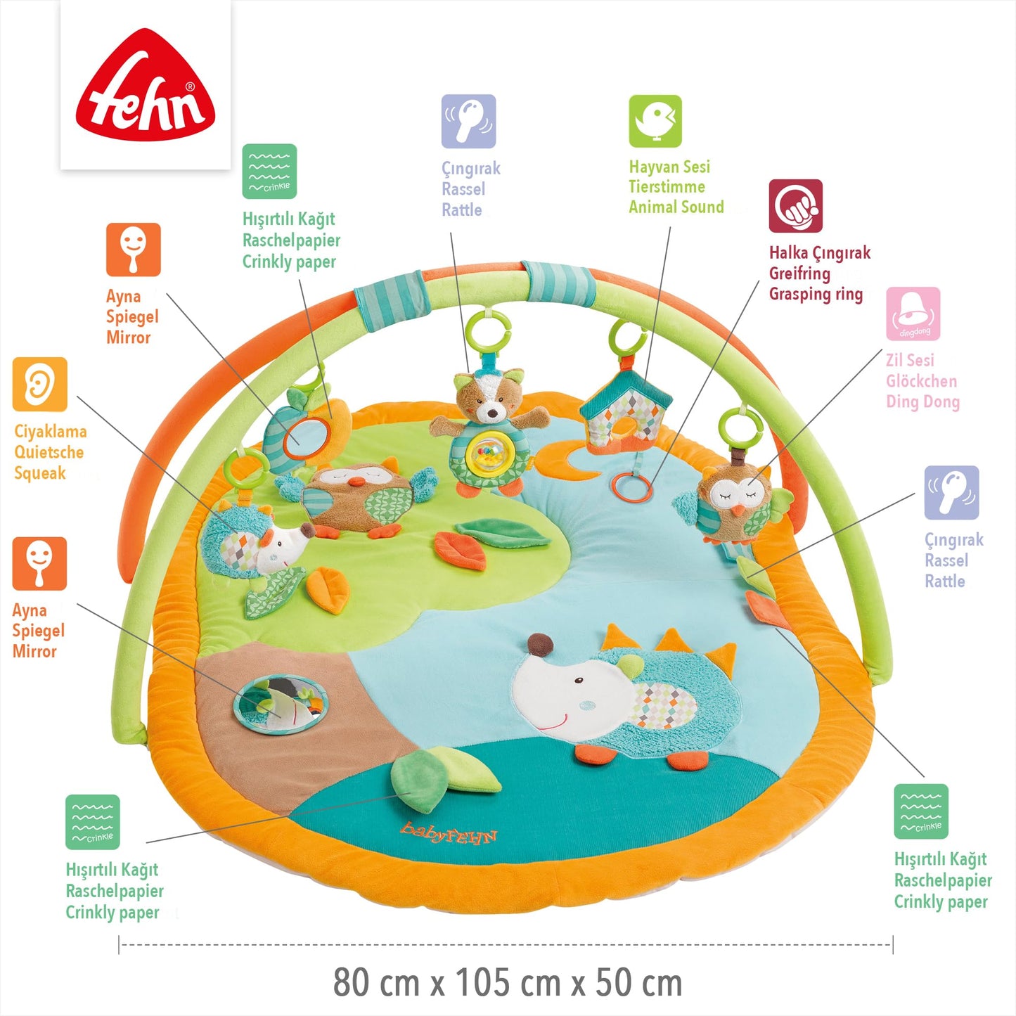 Fehn 3-D-Activity-Decke Spielbogen Peru – Baby Krabbeldecke mit 5 abnehmbaren Spielzeugen zum Greifen – Spieldecke für Babys und Kinder ab 0+ Monaten – Krabbelmatte als Geschenk zur Geburt