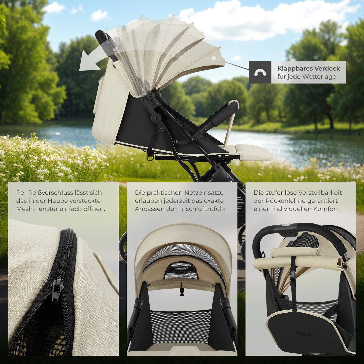 tectake® Buggy Kinderwagen von 0 bis 3 Jahre, Wagen für Baby Erstausstattung Neugeborene und Kinderbuggy, einhändig faltbarer Reisebuggy, Reisekinderwagen, Baby Wagen mit Verdeck - grau/beige - Meloni2