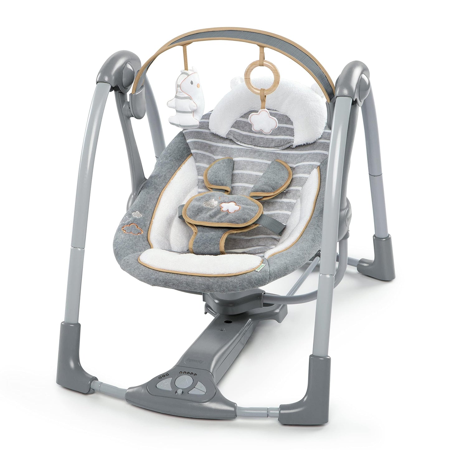 Ingenuity Hugs & Hoots zusammenklappbare & tragbare Babyschaukel, 5 Schaukelgeschwindigkeiten, 8 Melodien, 3 Naturgeräusche, Lautstärkeregulierung und Spielzeugbügel, ab der Geburt bis 9kg