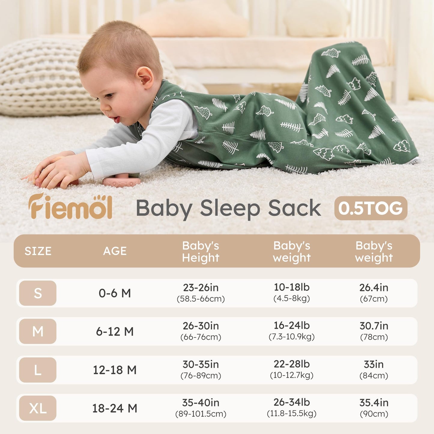 FIEMOL Baby Sleeping Bag 2.5 Tog 0-6 Months, Winter Cotton Newborn Baby Sleeping Bag, Wearable Blanket for Infants and Toddlers, 2-Way Zip Sleeping Bag, 67 cm, Rainbow