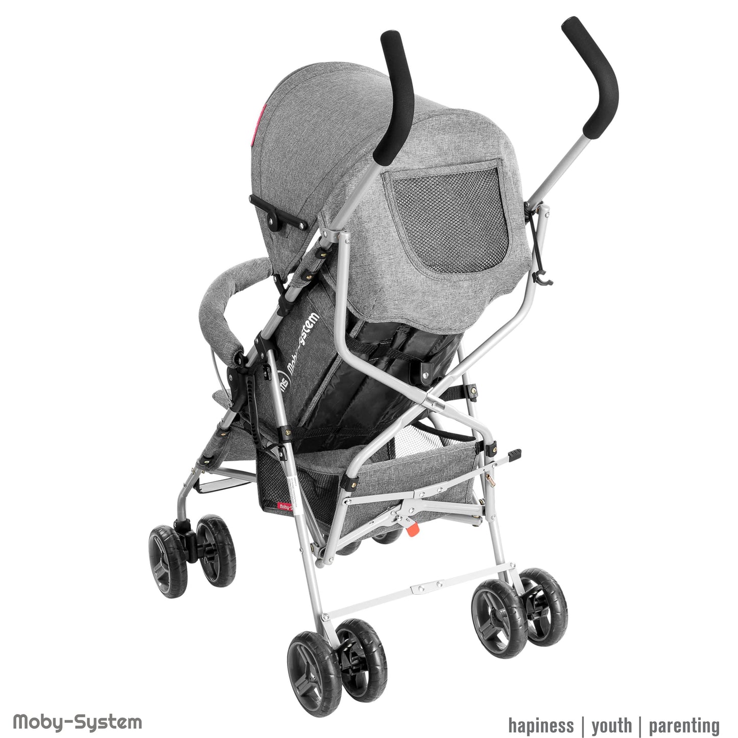 Moby-System, Buggy, superleicht und kompakt, bis 14 kg, verstellbare Rückenlehne, Doppelräder, schwenkbare Schaumstoffräder, faltbar, mit Sonnendach – idealer Kinderwagen für Spaziergänge, grau