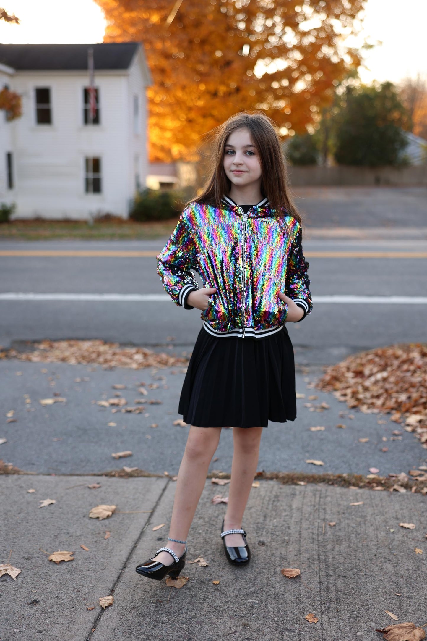 LOLANTA Girls Sequin Bomber Jacket with Pockets Zipper Long Sleeve Glitter Baseball Jackets for Kids 4-13 Years