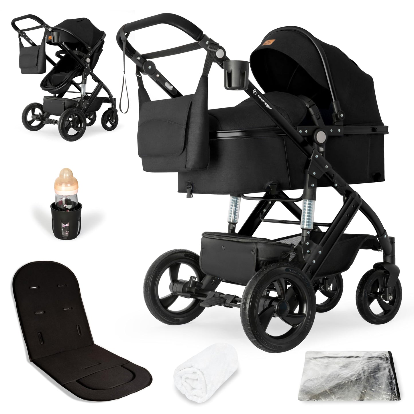 Bergsteiger Nizza 3 in 1 Kinderwagen, Kombikinderwagen Komplettset, Auto-Babyschale & Isofix Station, Babywanne & Buggy Sportsitz inklusive