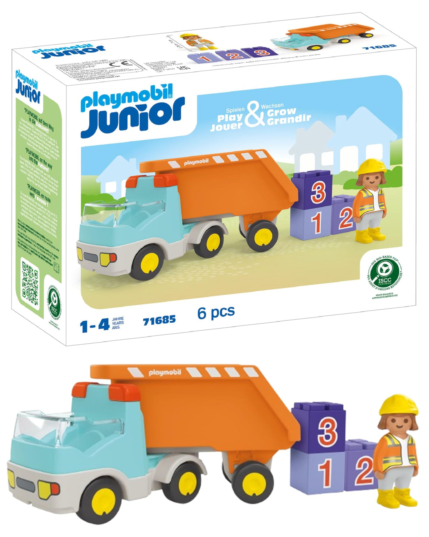 PLAYMOBIL Junior 71685 Dump Truck Sustainable Toy for Children from 1 Year Including Builder and Three Building Blocks