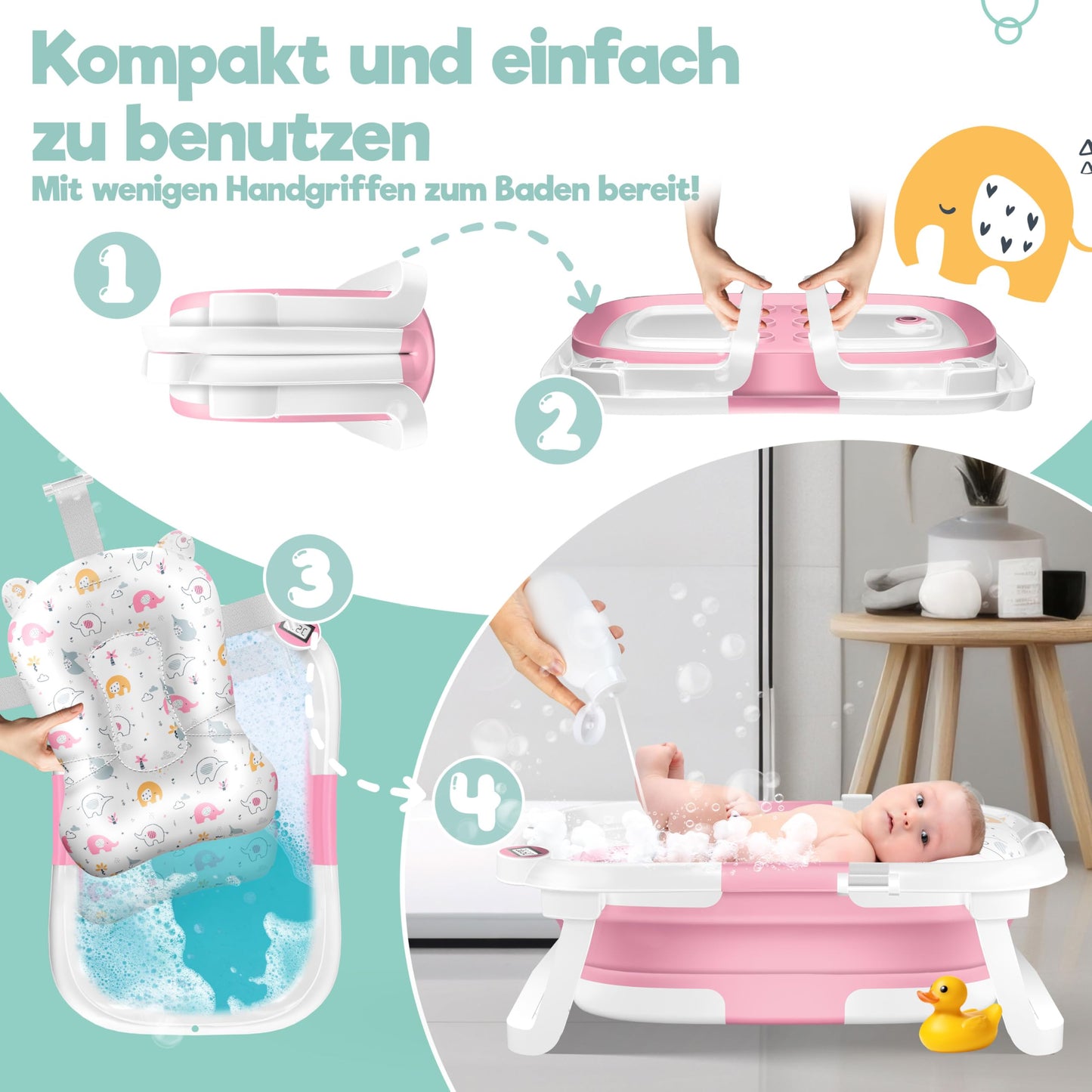 KIDIZ® Baby Bathtub, Baby Bathtub, Space-Saving & Foldable, Bath Tub, Shower Tray for Newborns, Toddlers, 0-24 Months, Portable Travel Shower for Babies, Ergonomic Bathtub with Thermostat and