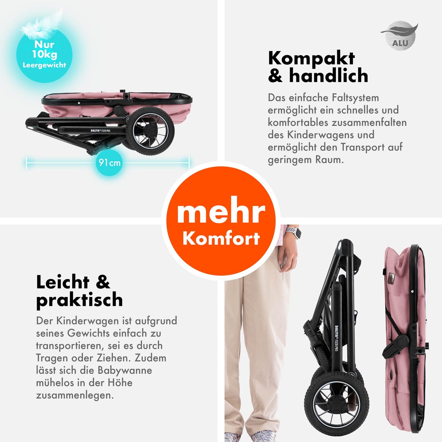 Daliya® FLEXI-PRO M 2in1 Kombikinderwagen & Buggy – XXL-Set, Reise-Kinderwagen mit Einhand-Abnahme, Wetterschutz, Sportsitz, Wickeltasche, Spieltisch, Regenschutz, dicke Matratze (Olivgrün)