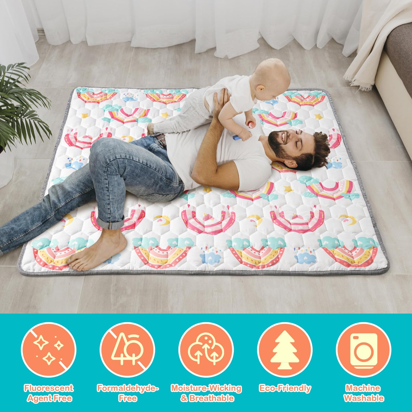 NiBaby Baby Krabbelmatte 127x127cm, Faltbare Spielmatte für Baby mit Rutschfeste Unterseite, Hypoallergen und Sicher für Babys, Krabbeldecke Baby Ideal für Innen und Außen(Regenbogen)