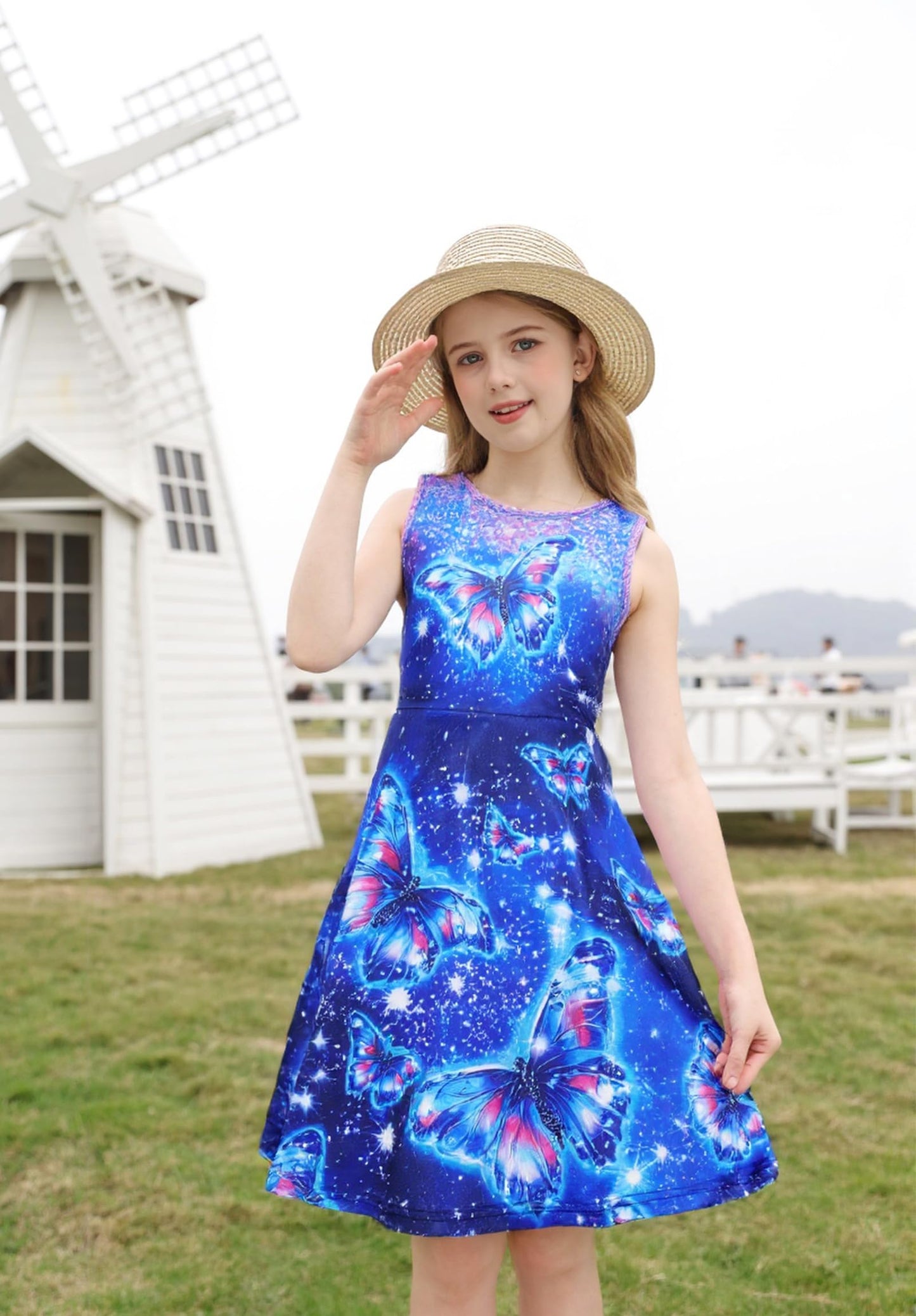 kids4ever Mädchen Kleid Ärmellos Sommerkleid Rundhals A-Linie Swing Kleid Meerjungfrau Galaxie Prinzessin Party Geburtstag 4-12 Jahre