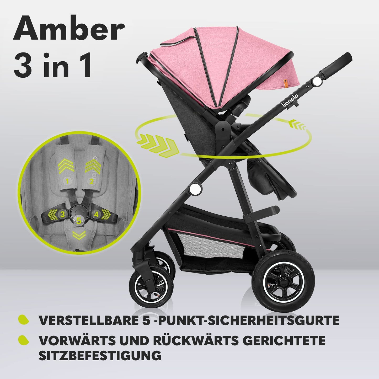 LIONELO MERIL 3-in-1 Multifunktionaler Kinderwagen 0-48 Monate Bis zu 22 kg, Babywanne bis zu 9 kg, Kindersitz bis zu 13 kg, Geländeräder 360°, Vollfederung, XXL-Verdeck mit UPF50+ - Meloni2