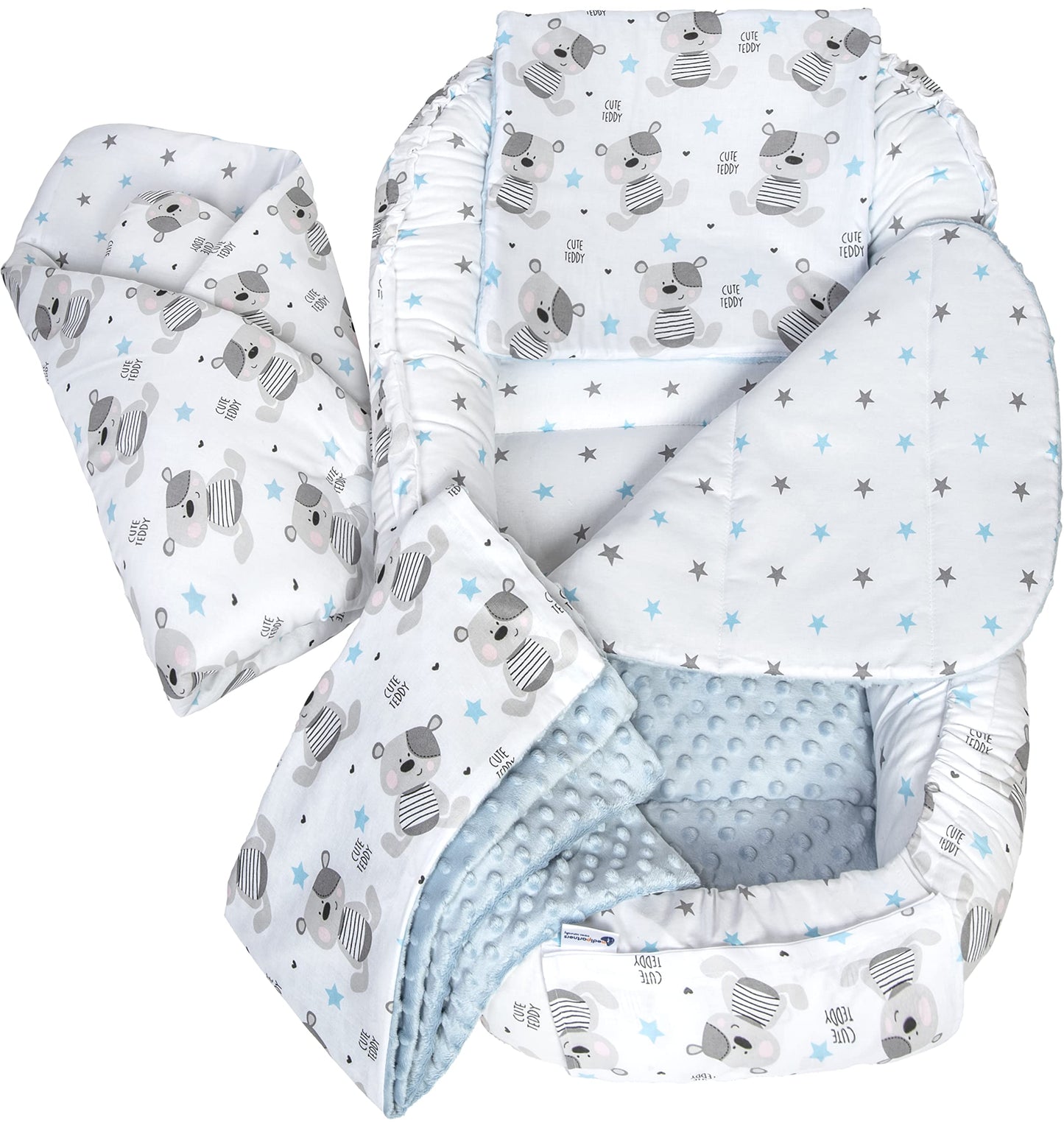 Medi Partners Babynestchen Babynest Set 100x60x15 Kuschelnest 5 teilig herausnehmbarer Einsatz Kokon Nestchen Babys Neugeborene 100% Baumwolle (REH mit Grauem Minky) - Meloni2