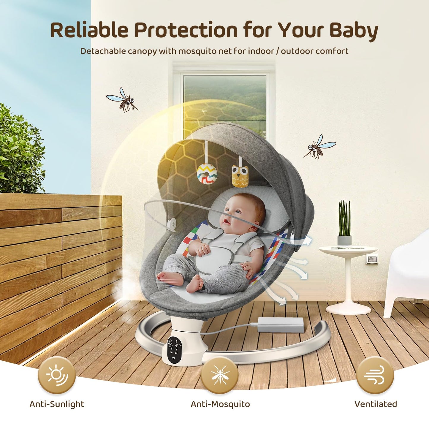 Hlieeosfcn Babywippe für Kinder,Babywippe Elektrisch mit 5 Natürlichen Schaukelgeschwindigkeiten,Elektrische Babyschaukel mit Musik, Nutzbar ab der Geburt bis ca. 6 Monaten,Fernbedienung,Grau