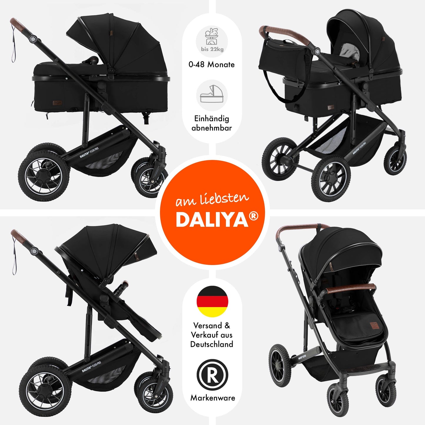 Daliya® FLEXI-PRO M 2in1 Kombikinderwagen & Buggy – XXL-Set, Reise-Kinderwagen mit Einhand-Abnahme, Wetterschutz, Sportsitz, Wickeltasche, Spieltisch, Regenschutz, dicke Matratze (Olivgrün)