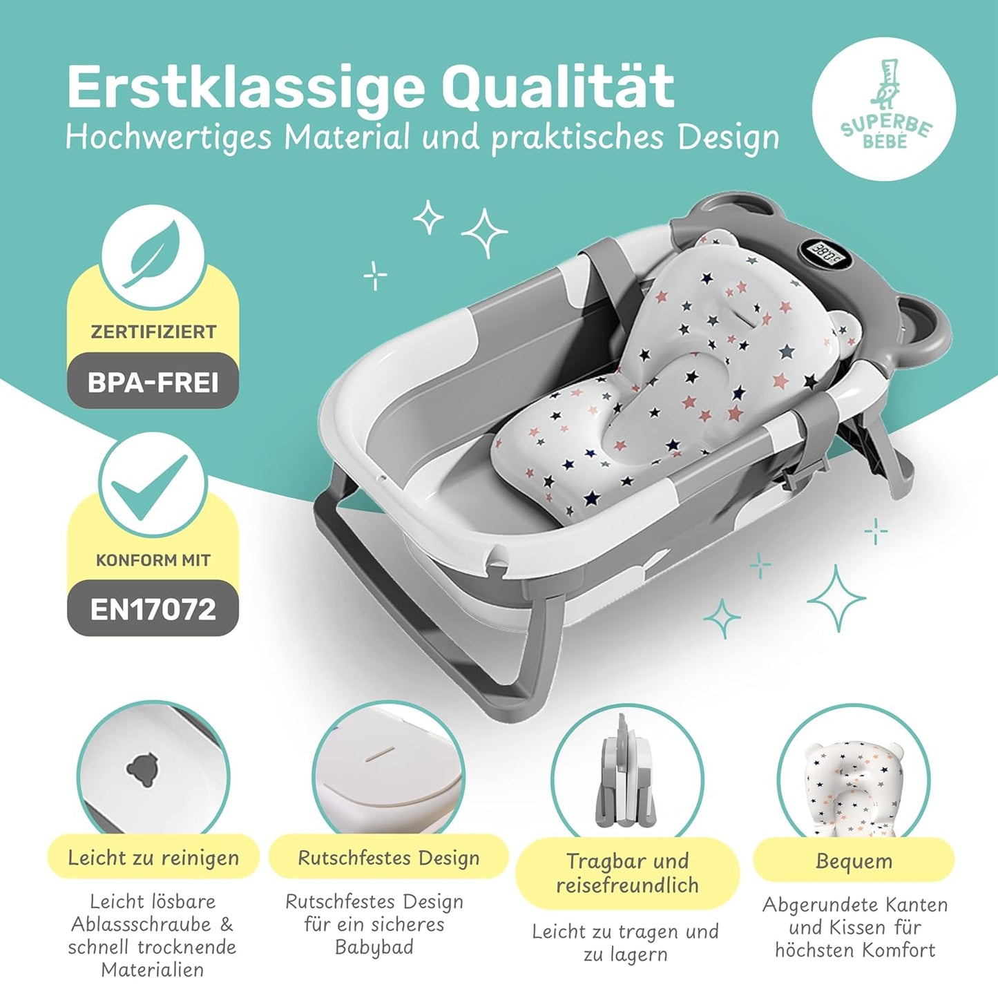 Faltbar Baby Badewanne Mit Rutschfestem Badewannensitz - Babywanne Xxl Mit Badethermometer - Von Der Geburt Bis 3 Jahre - Baby Bathtub - Babygeschenk - Geburtsgeschenke Für Mädchen & Jungen