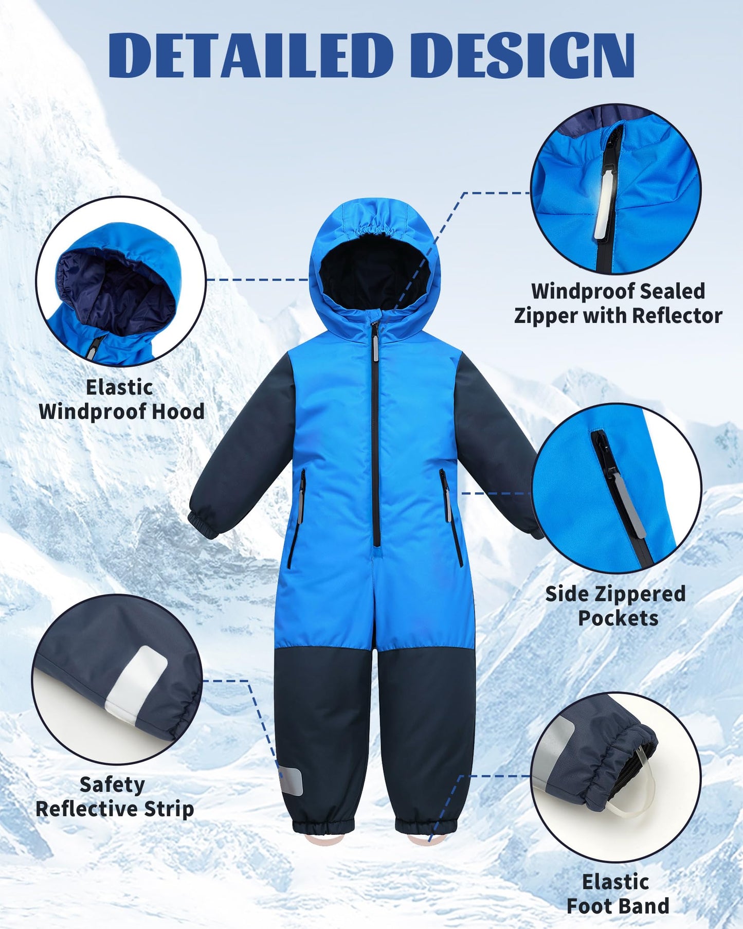 Owntop Children's Unisex Snow Suit Girls Boys Windproof Waterproof Ski Suit with Hood Zip 98-122