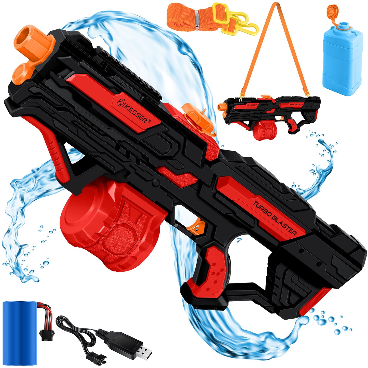 KESSER® Wasserpistole Elektrisch mit Akku Spritzpistolen 1000 ml große Wasserspritzpistole für Kinder und Erwachsene, 8m Reichweite, Wasserspielzeug inkl. Akku, Ladekabel & Extra-Tank Rot/Schwarz