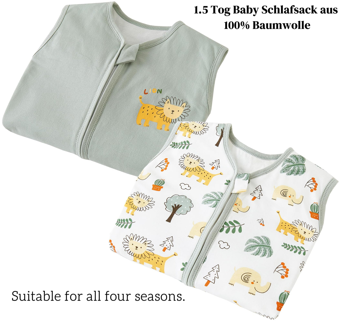 Chilsuessy Children's Sleeping Bag 1.5 Tog Pack of 2 Baby Sleeping Bag Made of 100% Cotton, Baby All-Year Sleeping Bag Pyjamas for Boys and Girls, 1.5 Tog/Elephant Lion + Green, 110 cm / Baby Height