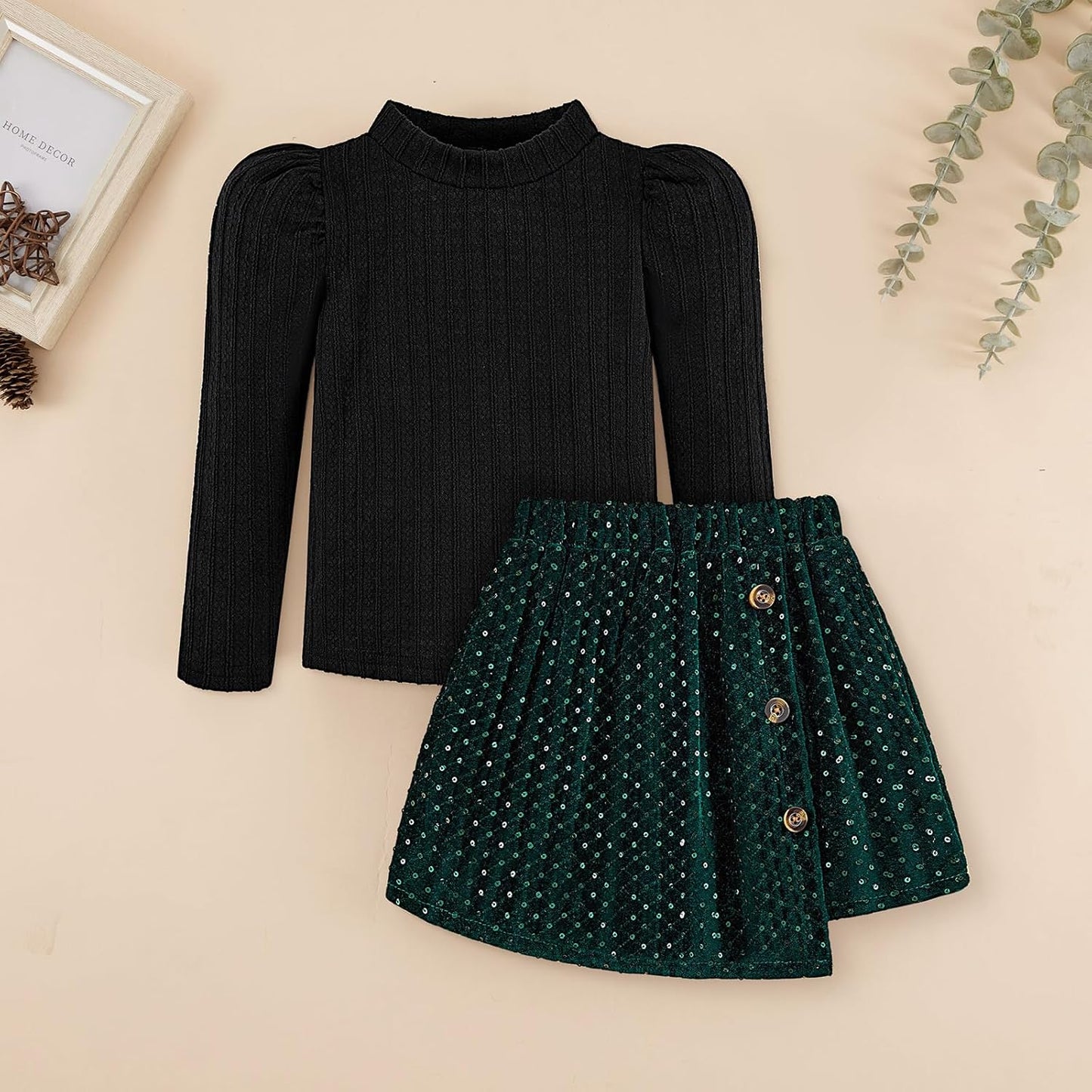 Bkixhv Baby Girls Clothes, Toddler Girls Skirt Set, Autumn Outfits, Long Puff Sleeves, Tops and Sequin Mini Skirt