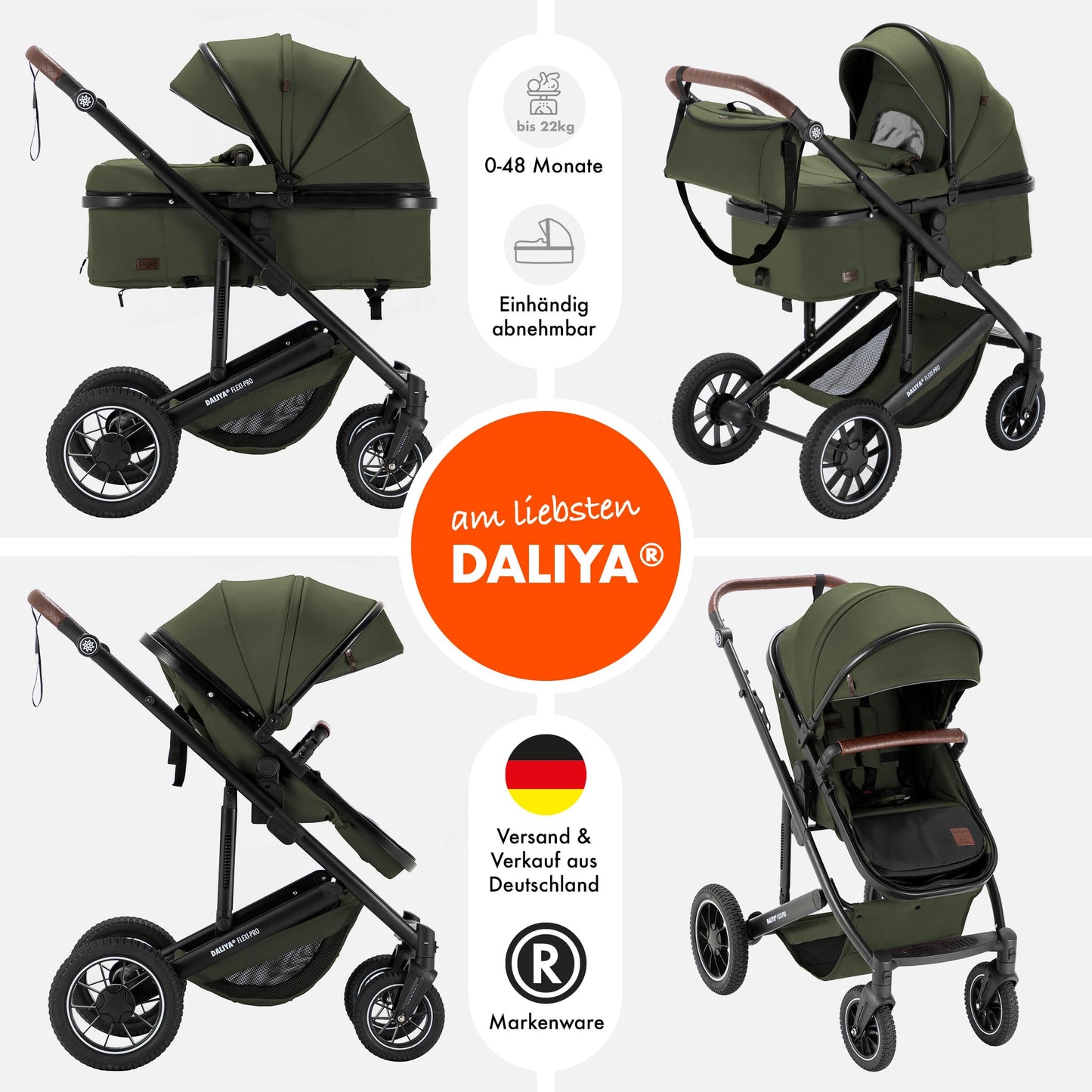 Daliya® FLEXI-PRO M 2in1 Kombikinderwagen & Buggy – XXL-Set, Reise-Kinderwagen mit Einhand-Abnahme, Wetterschutz, Sportsitz, Wickeltasche, Spieltisch, Regenschutz, dicke Matratze (Olivgrün)