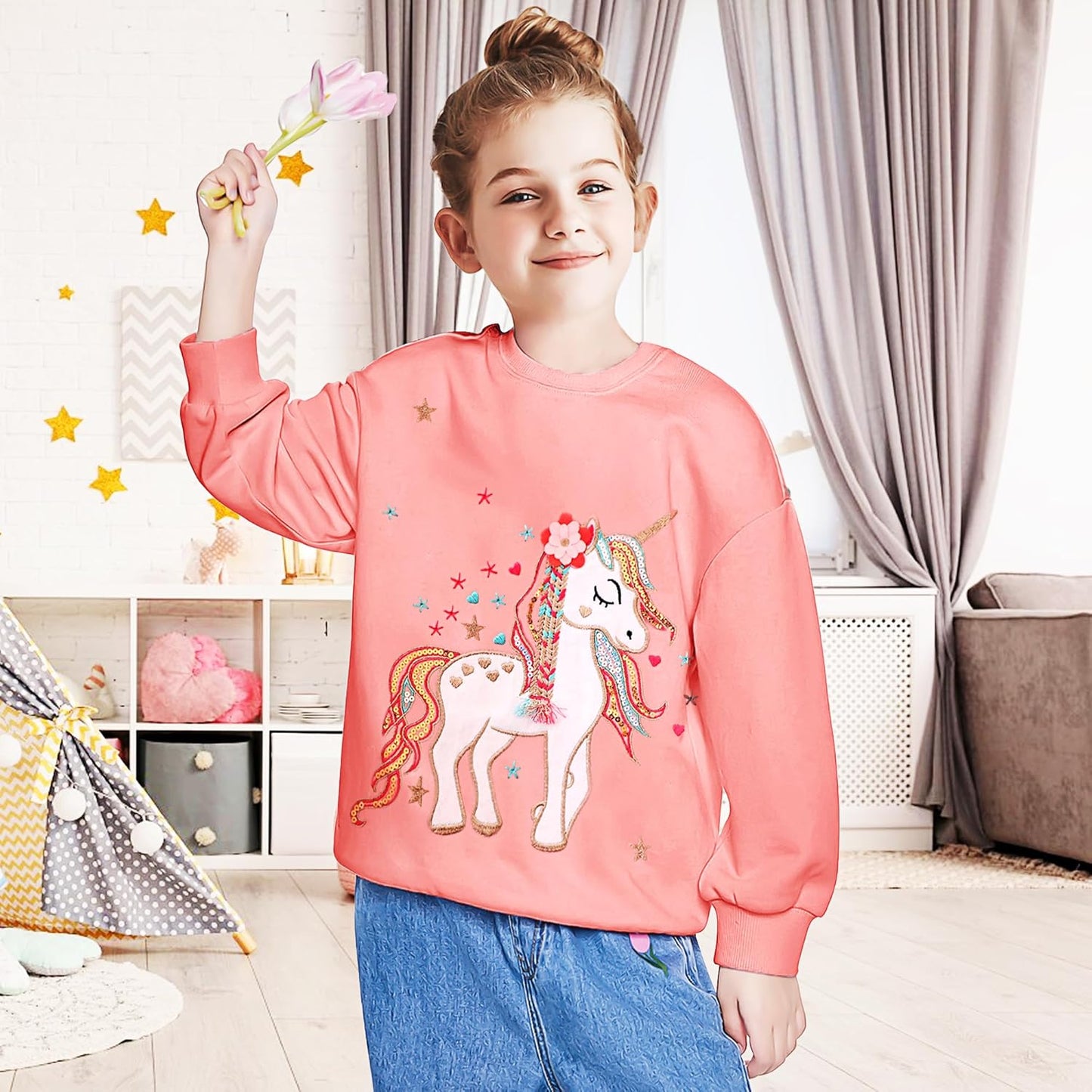 JinBei Sweatshirt für Mädchen Kinder Pullover Baumwolle Top Casual Jumper Kleinkind Langarmshirt Warme Kleidung, Alter 2-7 Jahre alt, Gr.92-122