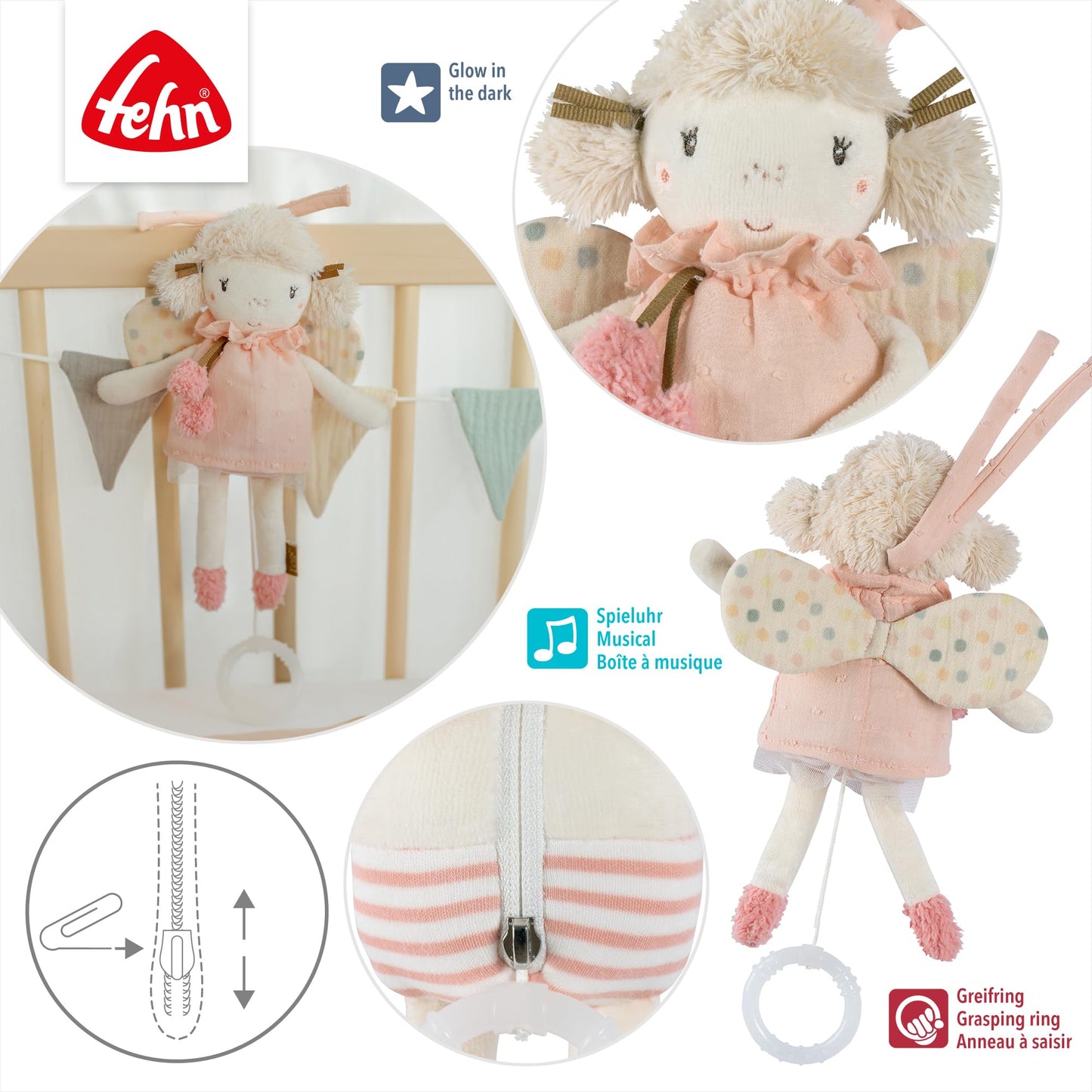 Fehn Mini-Spieluhr Fee – Kuscheltier & Einschlafhilfe: Aufzieh-Spieluhr mit sanfter Melodie „Schwanensee“ beruhigt in jeder Situation – für Babys und Kleinkinder ab 0+ Monaten