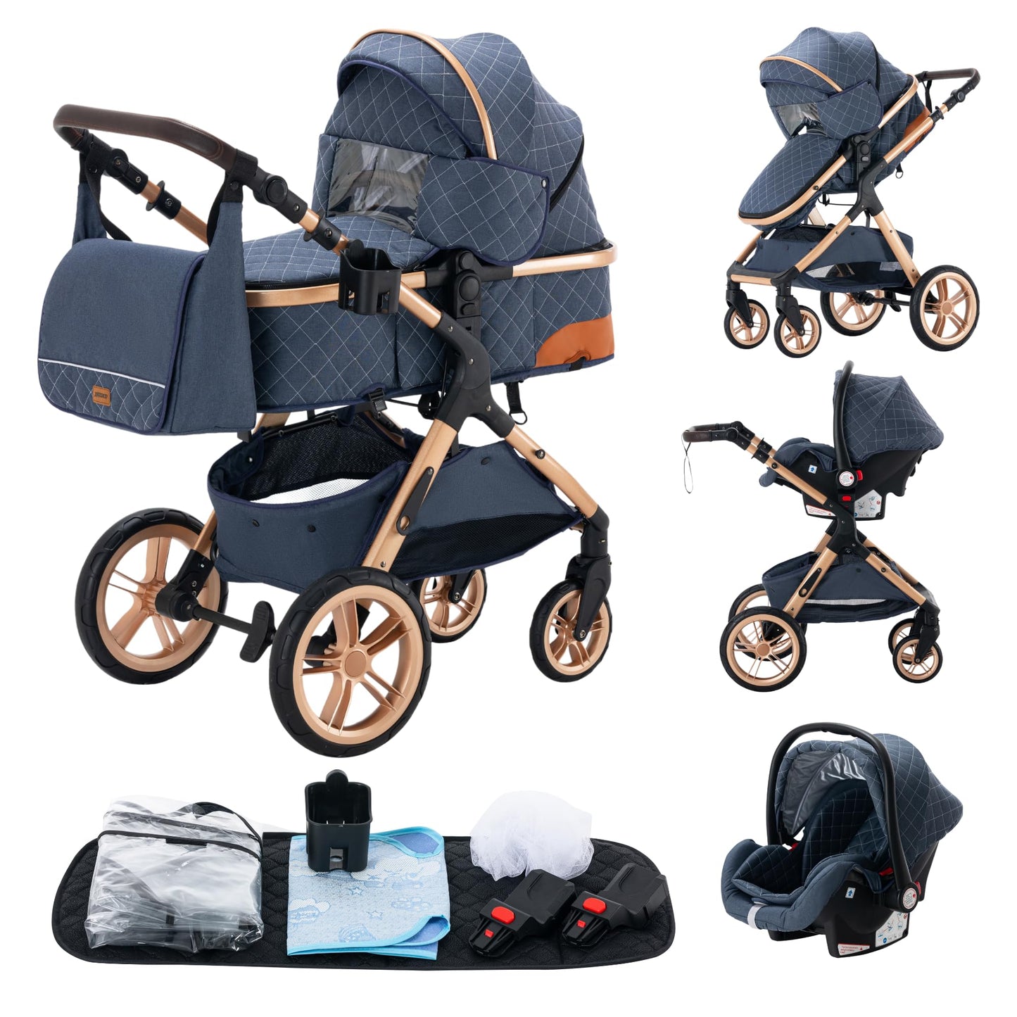 YAZOCO Kinderwagen 3 in 1 Buggy Babybett Komplett Set mit einem Klick Zusammenklappbarer Kinderwagen, KombiKinderwagen Aluminiumrahmen für Neugeborene Sitzzubehör - Meloni2