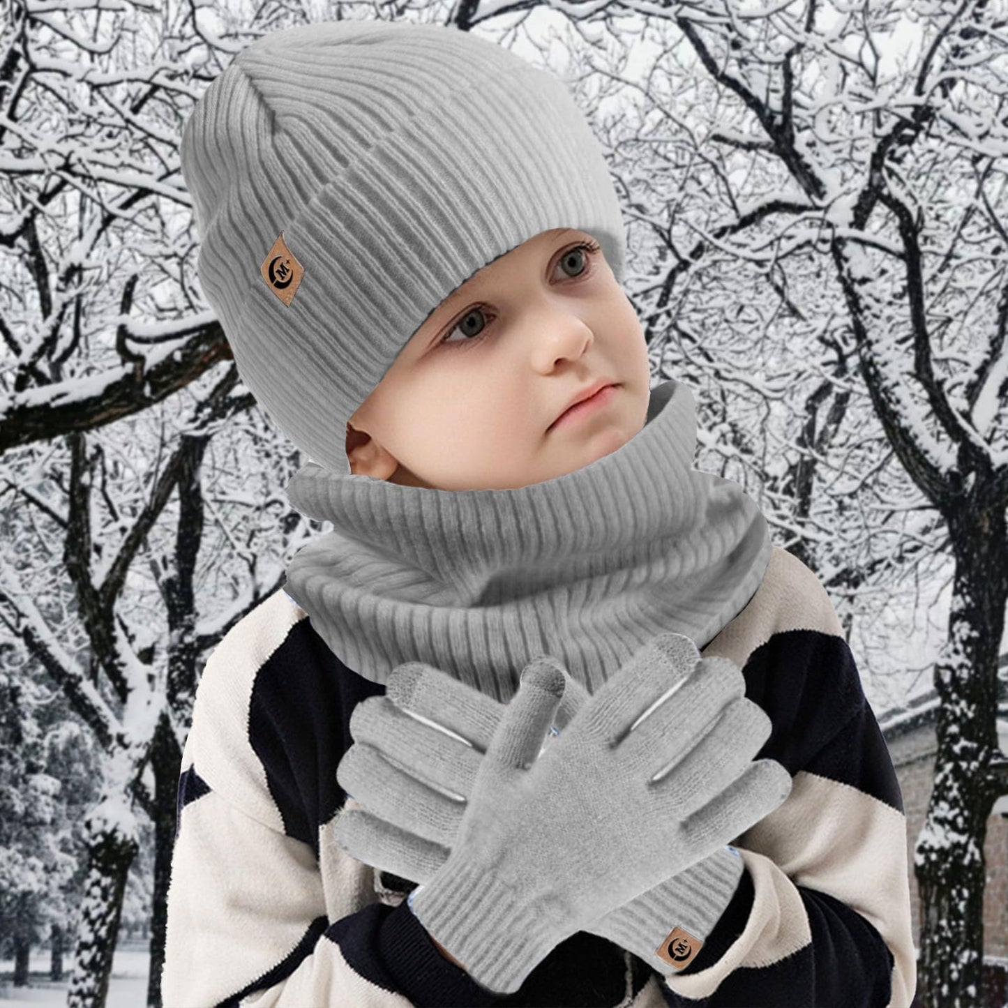 MARUKO Children's Winter Hat Scarf Gloves Set 3 in 1, Toddler Knitted Beanie Neck Warmer, Thick Fleece Thermal Knit Hat Scarf Gloves Set for Children Aged 2-8