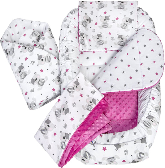 Medi Partners Babynestchen Babynest Set 100x60x15 Kuschelnest 5 teilig herausnehmbarer Einsatz Kokon Nestchen Babys Neugeborene 100% Baumwolle (REH mit Grauem Minky) - Meloni2