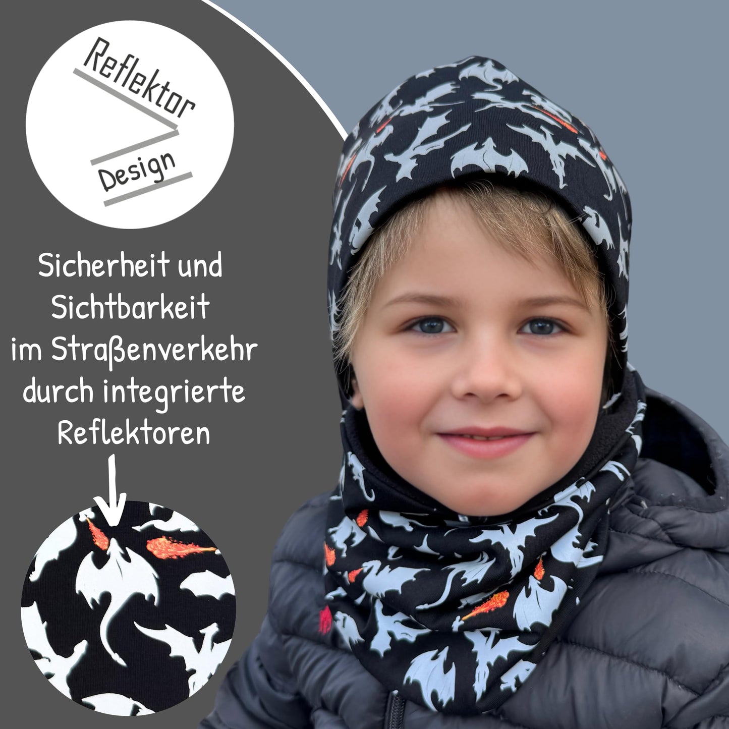 Heckbo 360° Reflector Children's Hat & Loop Scarf Set, Many Designs, 2–8 Years, 95% Cotton, Soft & Easy-Care Stretch Material, for Boys, Girls, Beanie for Spring, Summer, Autumn, Winter