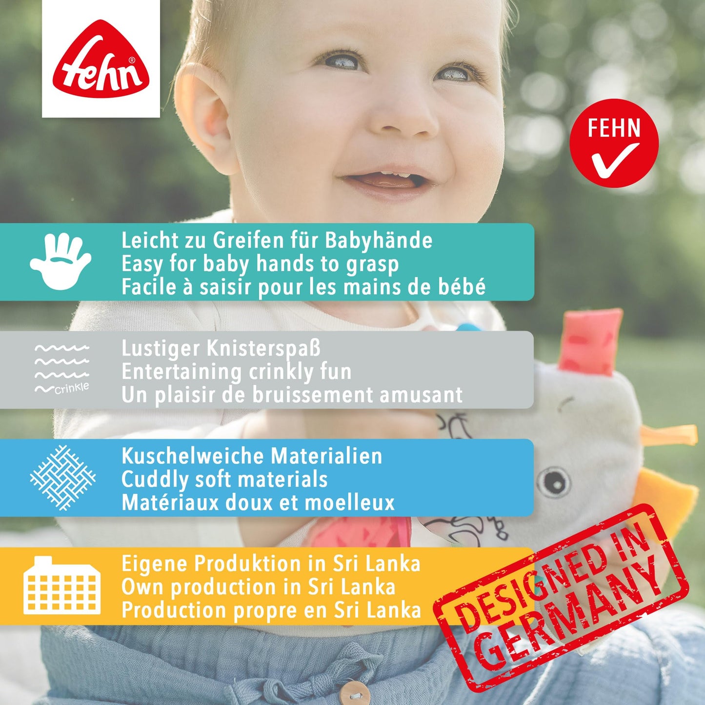 Fehn Knister Seestern – Activity Baby Raschel Spielzeug zum Greifen und Spielen - Activity-Rascheltier Babyspielzeug - Motorikspielzeug & Knisterspielzeug für Babys und Kleinkinder ab 0+ Monaten