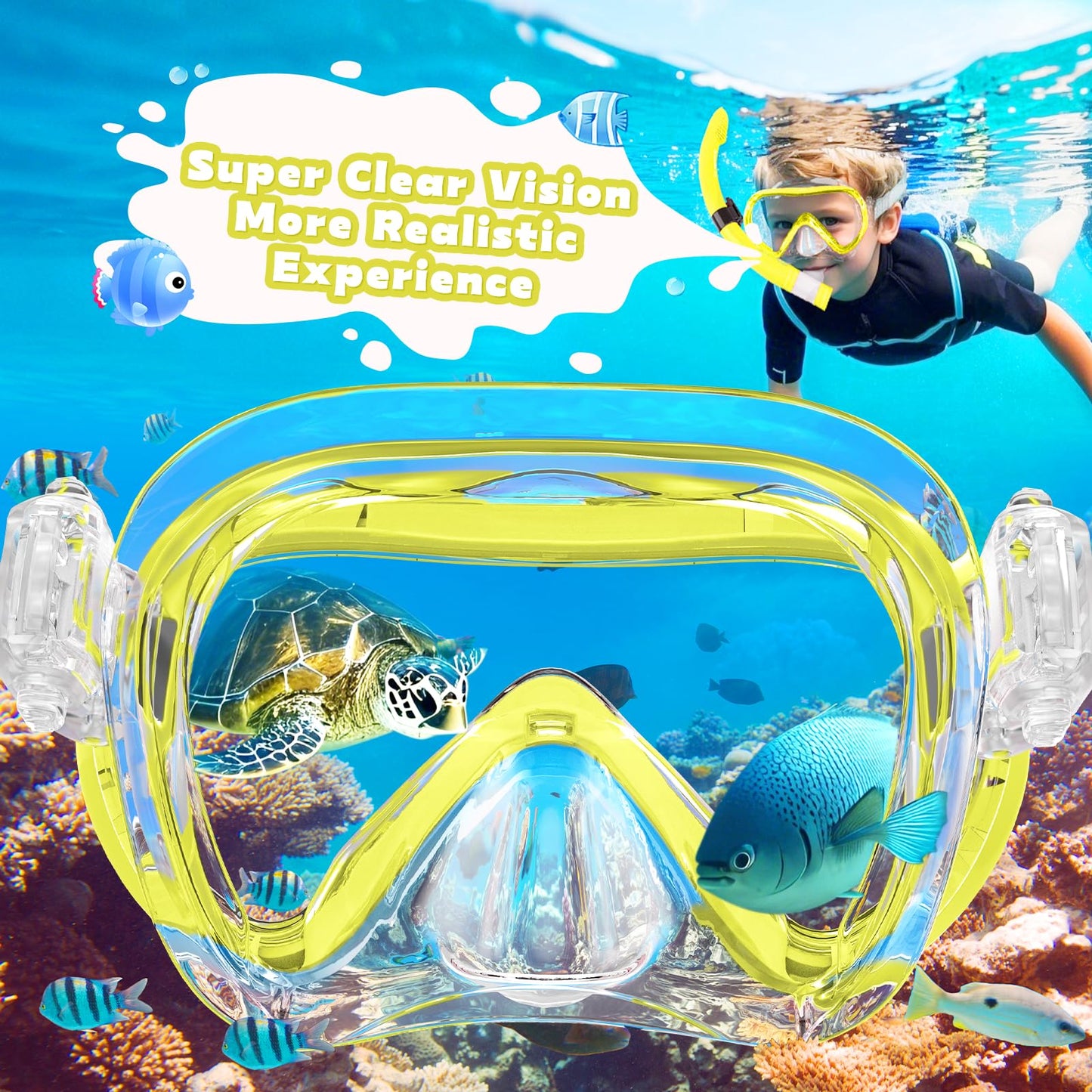 SkrekuiMa Taucherbrille Kinder | Schwimmbrille Kinder Schnorchelmaske Anti-Fog Anti-Leck | Tauchmaske Kinder 180°Panorama HD Tempered Glas für Kinder 4-12 Jahre Jungen Mädchen