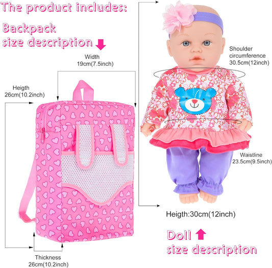30cm / 12 Zoll Baby Puppe mit Backbag, DREI Kleidung Set, Brustwarze, Futterflasche und EIN Spielzeugbär (inklusive Puppe)