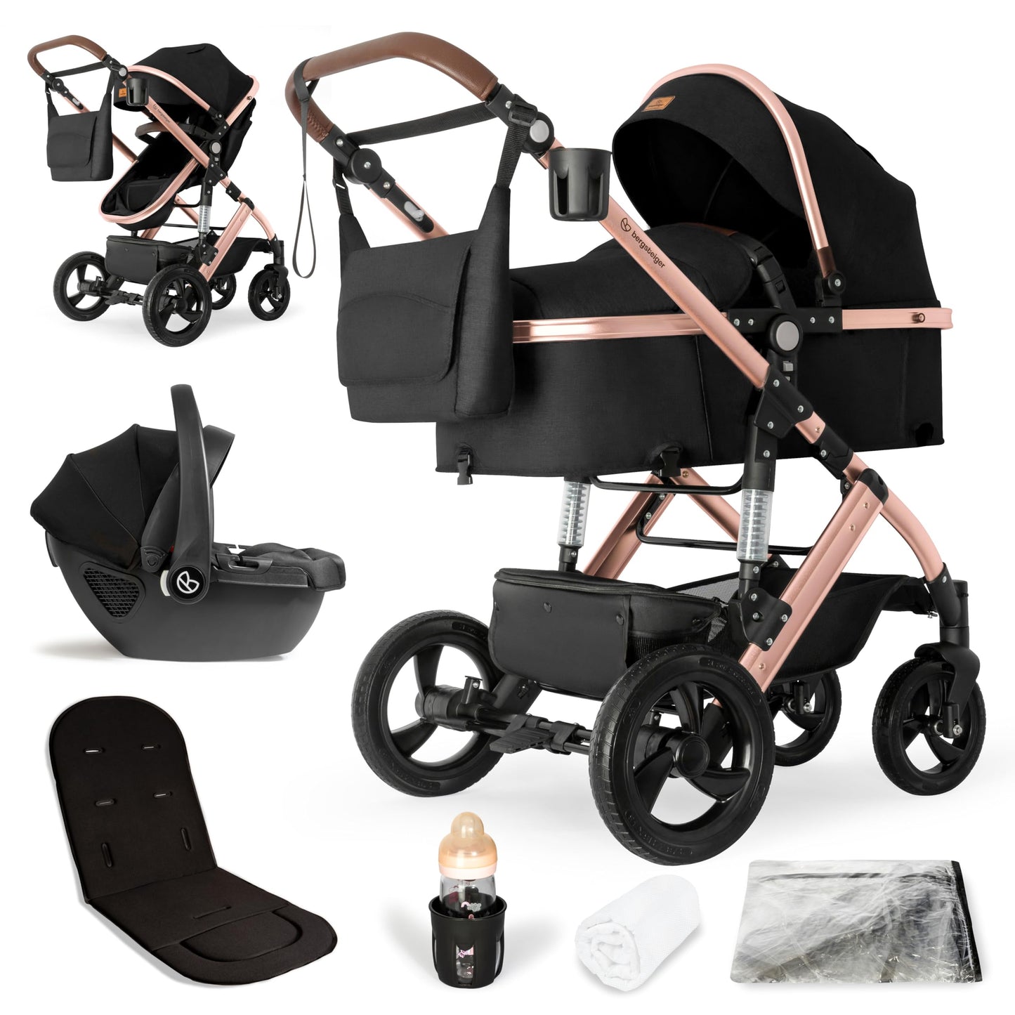 Bergsteiger Nizza 3 in 1 Kinderwagen, Kombikinderwagen Komplettset, Auto-Babyschale & Isofix Station, Babywanne & Buggy Sportsitz inklusive