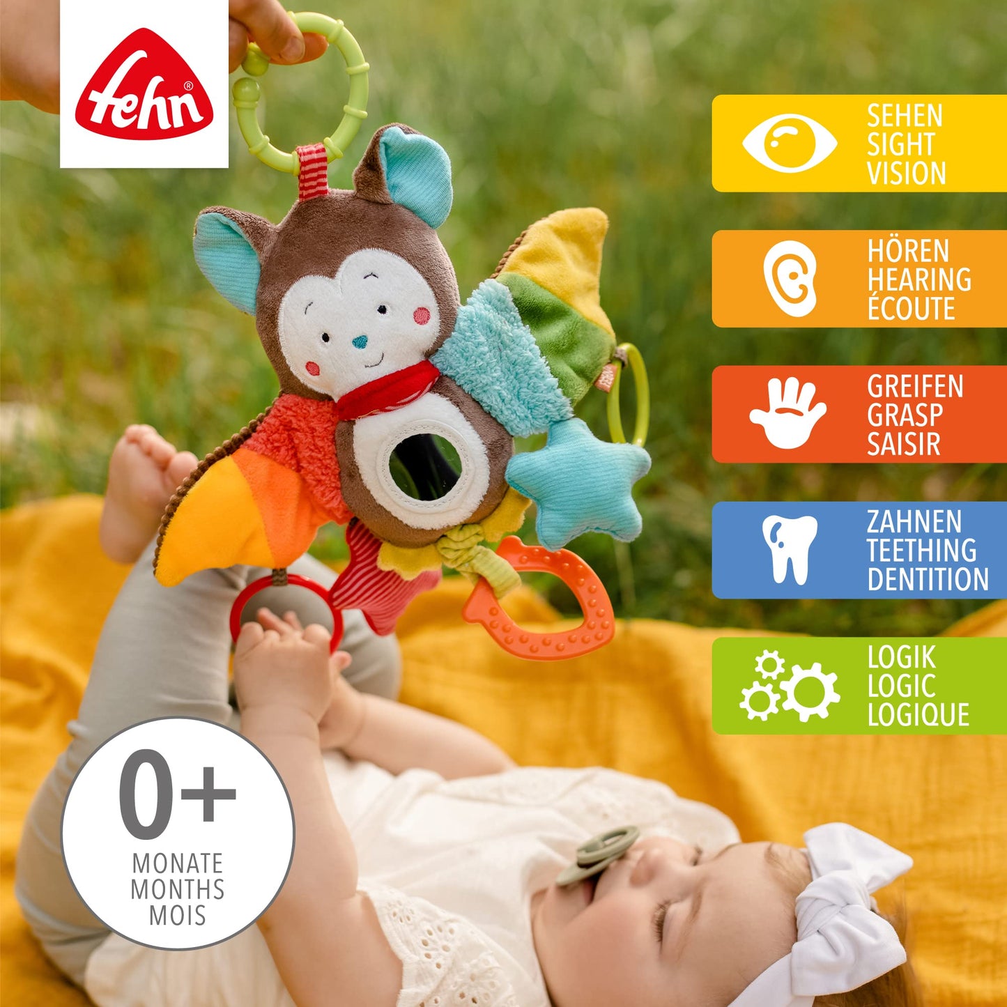 Fehn Activity-Spieltier Teddy – Baby Motorikspielzeug für Kinderwagen, Kinderbett und Babyschale zum Beißen, Greifen und Geräusche erzeugen – Beißring Spielzeug für Babys und Kinder ab 0+ Monaten