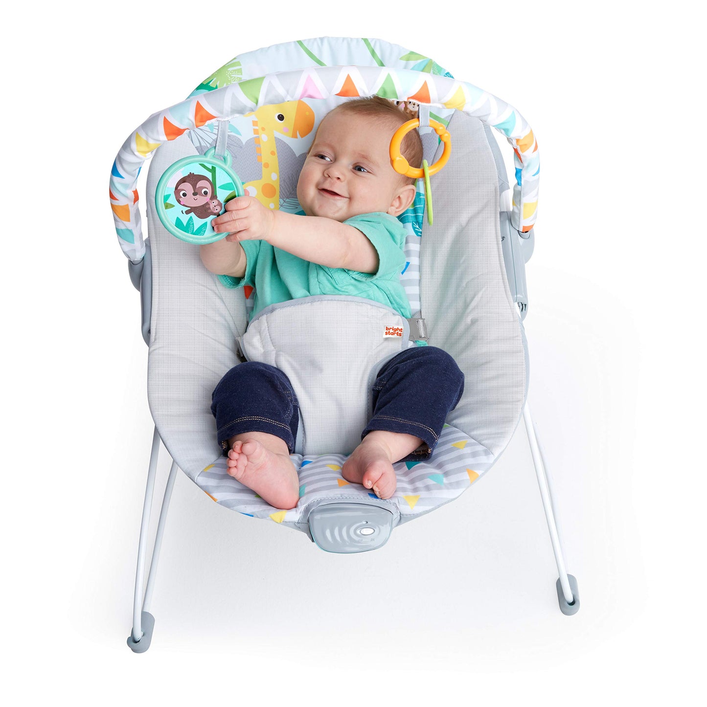 Bright Starts, Babywippe Babyschaukel Safari Fun mit Beruhigenden Vibrationen, Spielbogen mit 2 Spielzeugen, 3-Punkte-Gurt Sitz, Maschinenwaschbares Sitzpolster, ab der Geburt bis 9kg