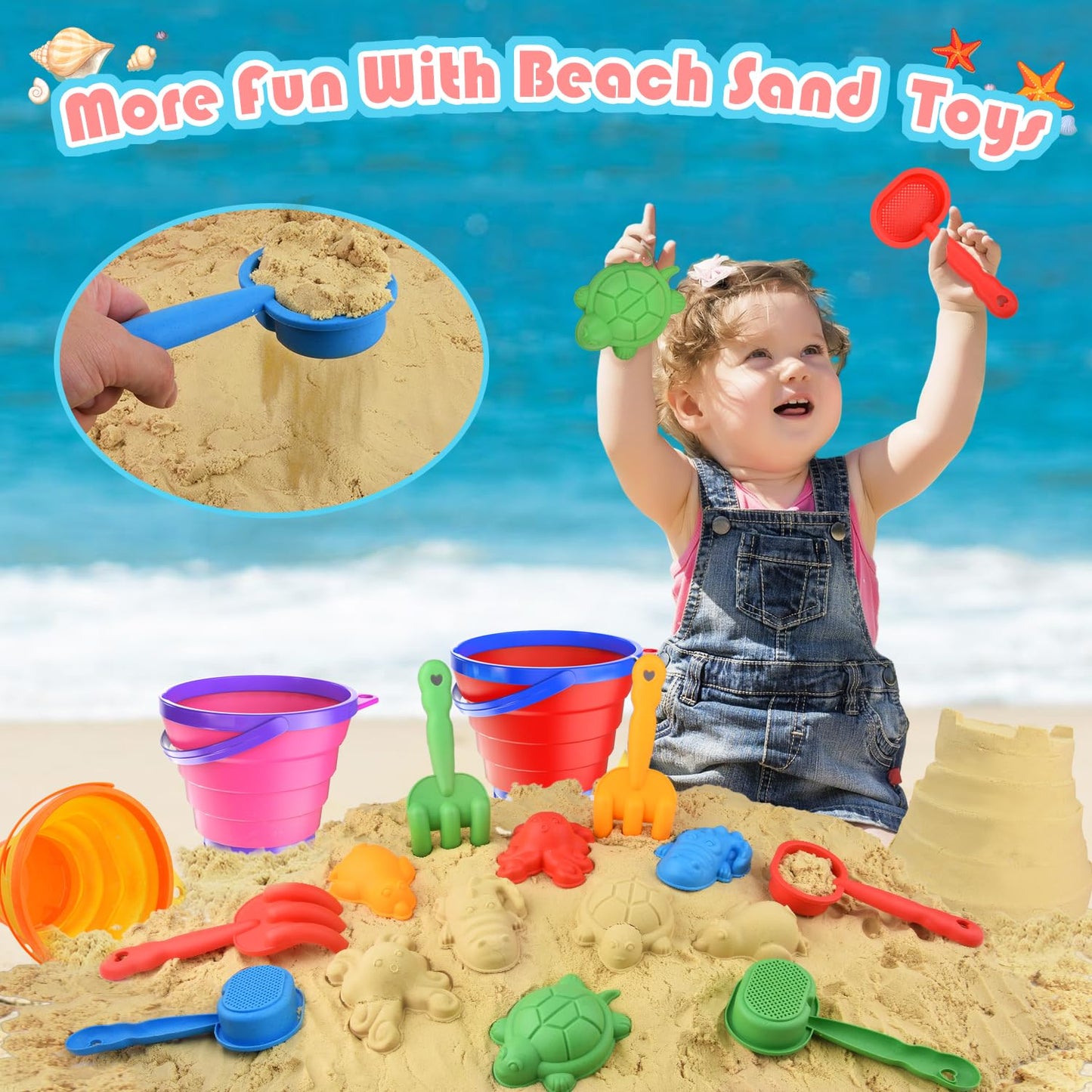 Fegalop Sand Toy Set for Girls 31 Pieces, Sandpit Toy Beach Toy with Folding Bucket, Beach Toy Children with 5 Sand Shovel, Bucket, Sand Shapes, Sunglasses, Mesh Bag for Children