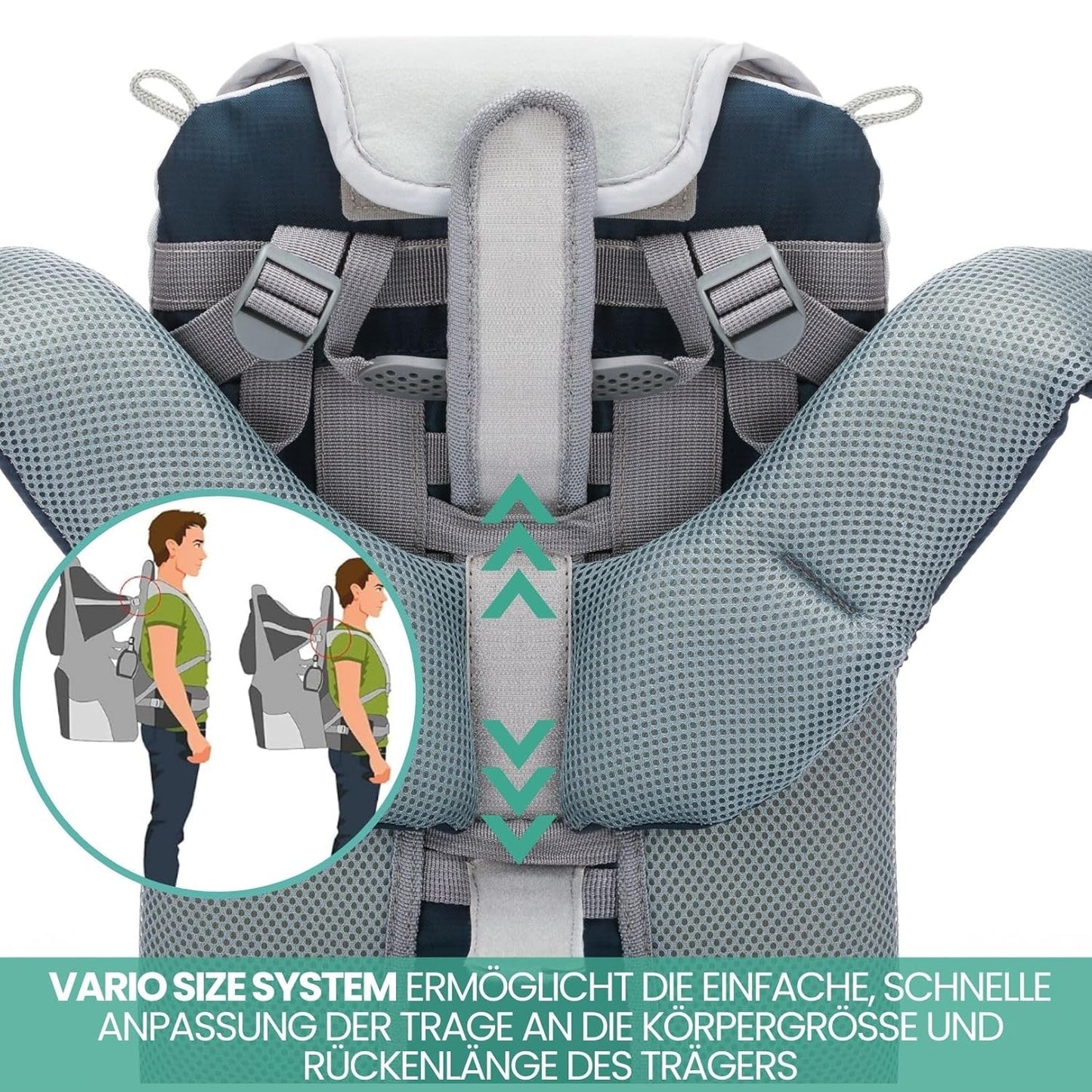 Fillikid Rückentrage - Rücken Babytrage mit Sonnenschutz, Gurt, Kinder Rucksack und Staufächern - Kraxe zum Wandern mit Baby und Kleinkind, bis 18 kg - Blau Grau