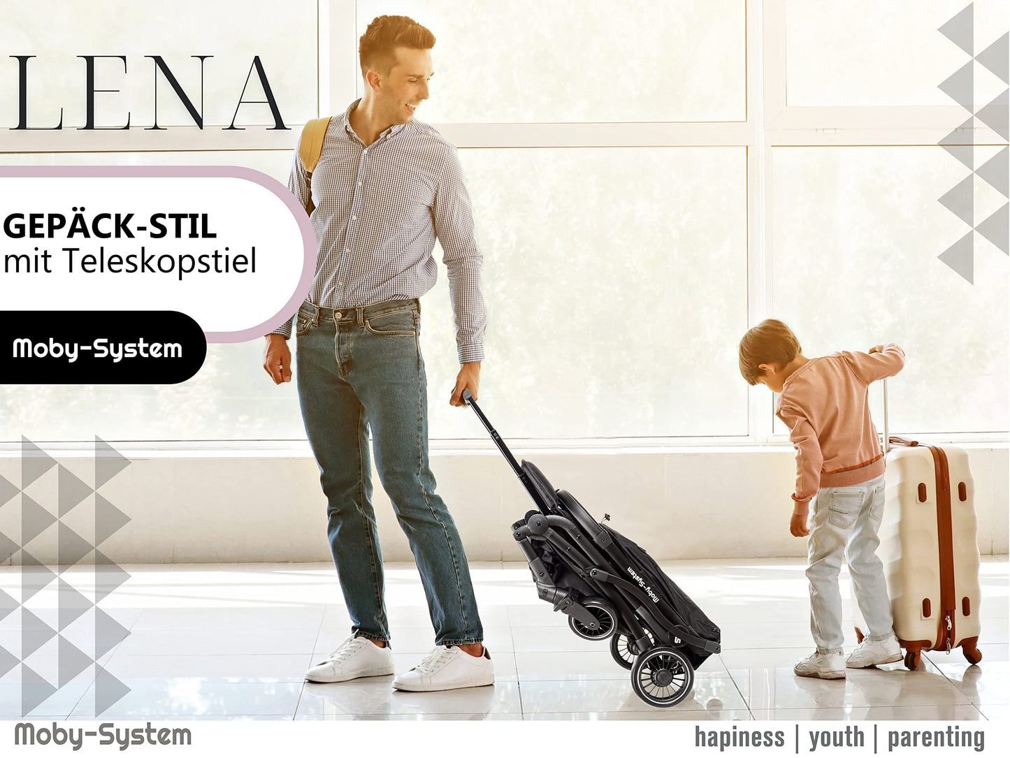 Moby-System, Buggy, superleicht und kompakt, bis 14 kg, verstellbare Rückenlehne, Doppelräder, schwenkbare Schaumstoffräder, faltbar, mit Sonnendach – idealer Kinderwagen für Spaziergänge, grau