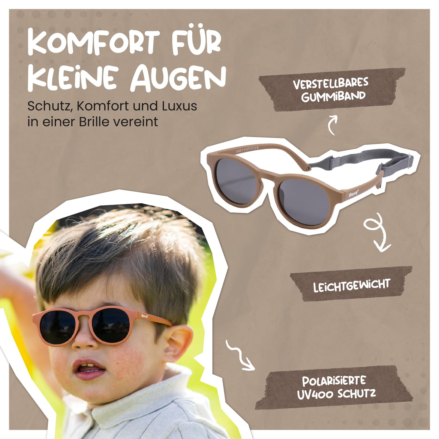 Maesy Kinder Sonnenbrille für Kleinkind und Baby - 1-3 Jahre - UV400 Polarisierter Schutz - Flexibler und Biegsamer Rahmen - Verstellbares Gummiband - Sichere und Bequeme Kindersonnenbrille - Bowi